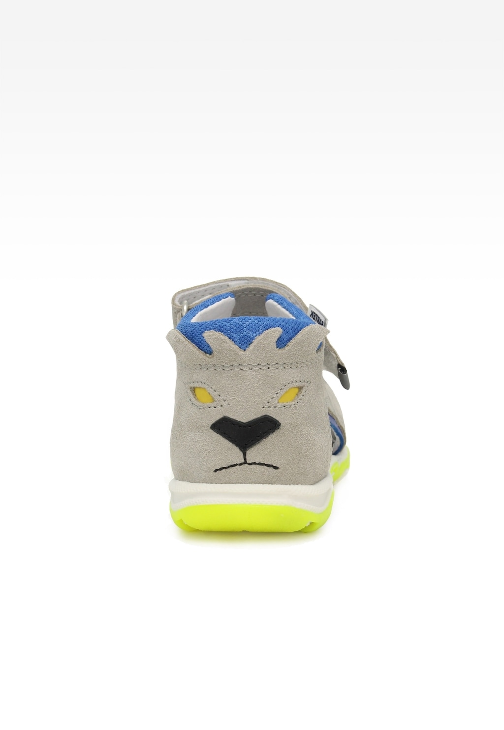 Szare sandały dziecięce Bartek 115990-04 z motywem zwierzęcym, z niebieskimi wstawkami i neonową podeszwą, zapinane na rzep, widok z tyłu.