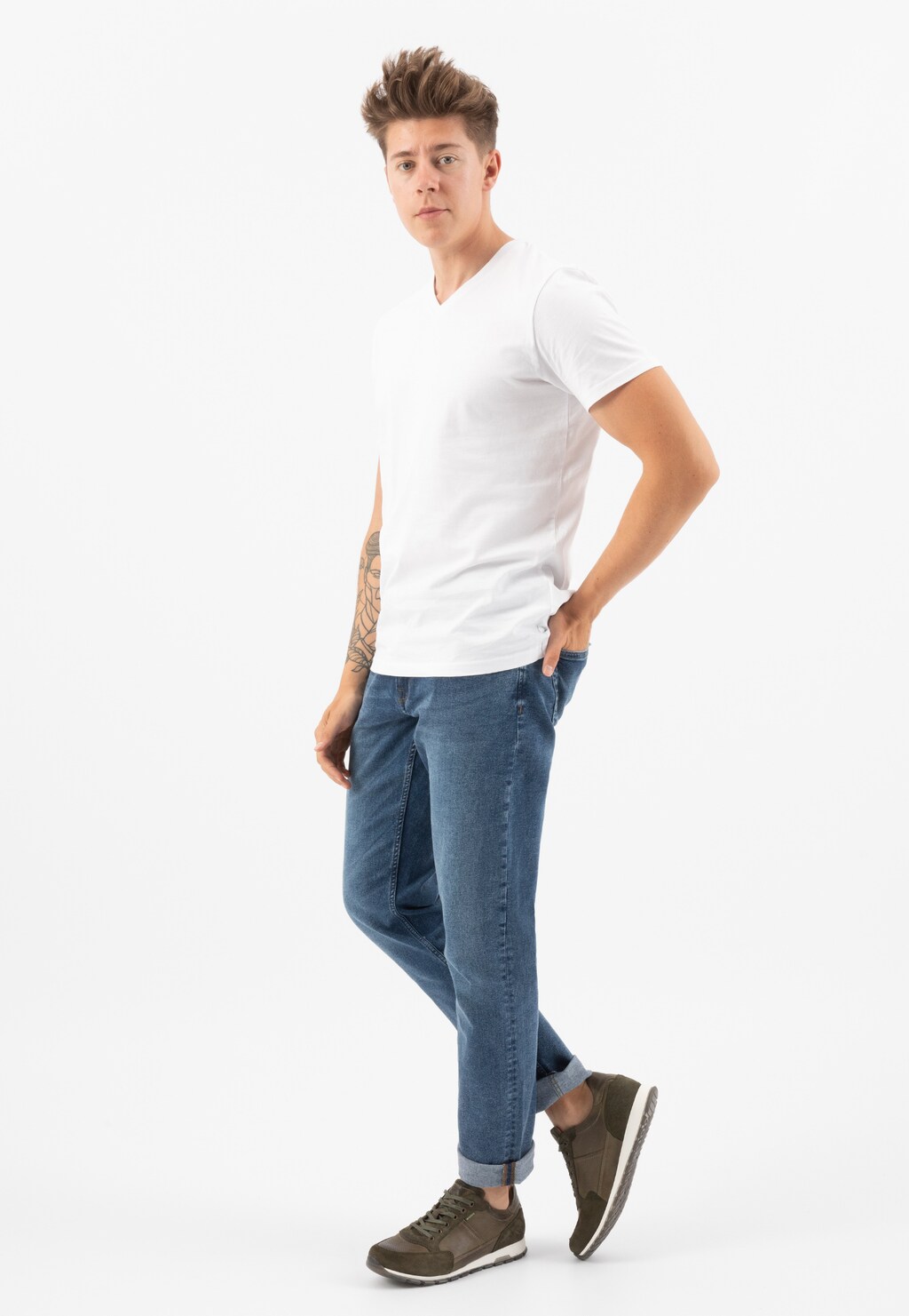 Zielone sneakersy ze skóry licowej i dwoiny welurowej 10051-78 Widok 7