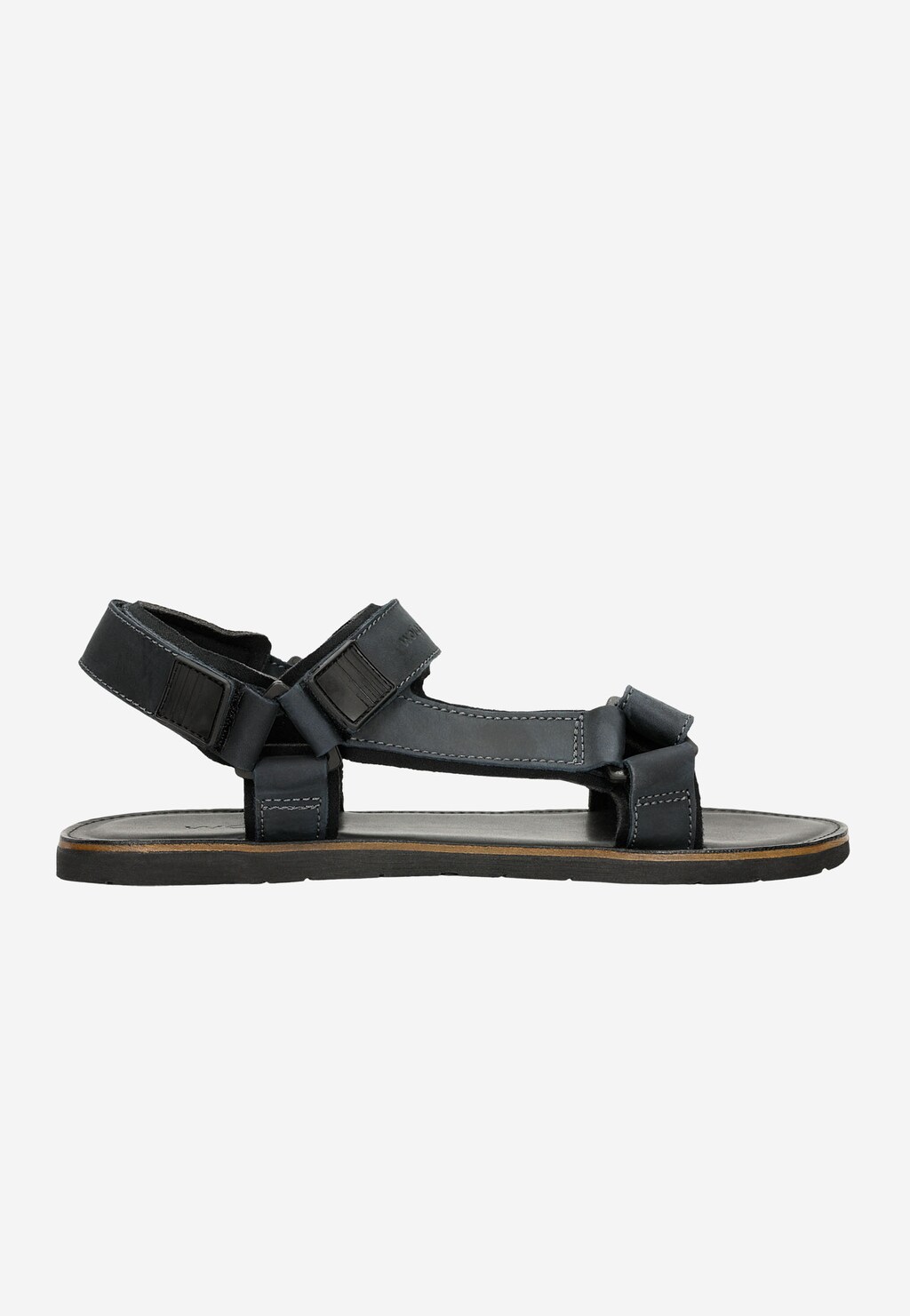 Granatowe sandały męskie Wojas model 29003-96 z boku, ukazujące regulowane rzepy, skórzane paski i płaską podeszwę z brązowym wykończeniem.