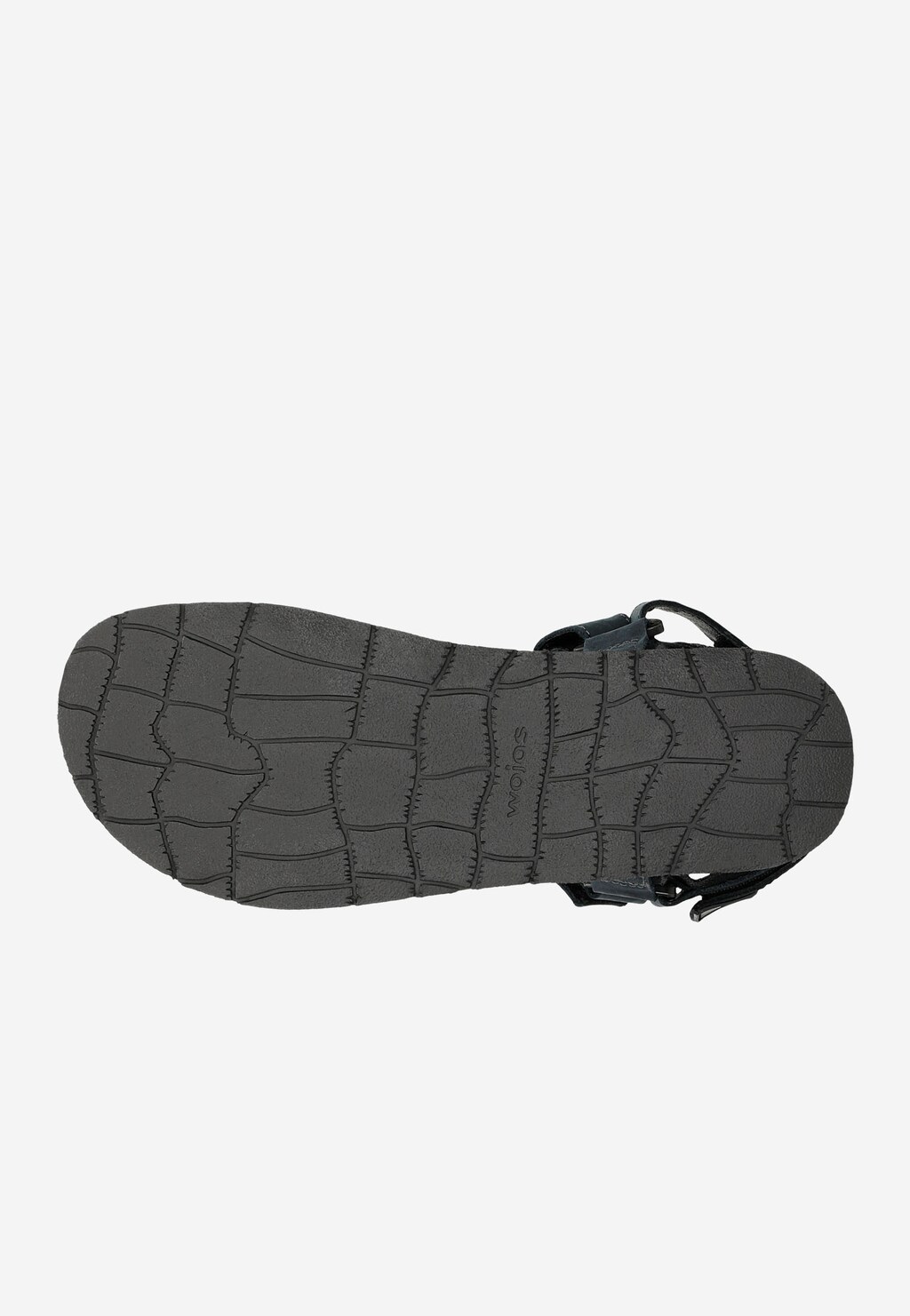 Podeszwa granatowych sandałów męskich Wojas model 29003-96 z wzorem krokodylej skóry, widoczne czarne regulowane paski mocujące.