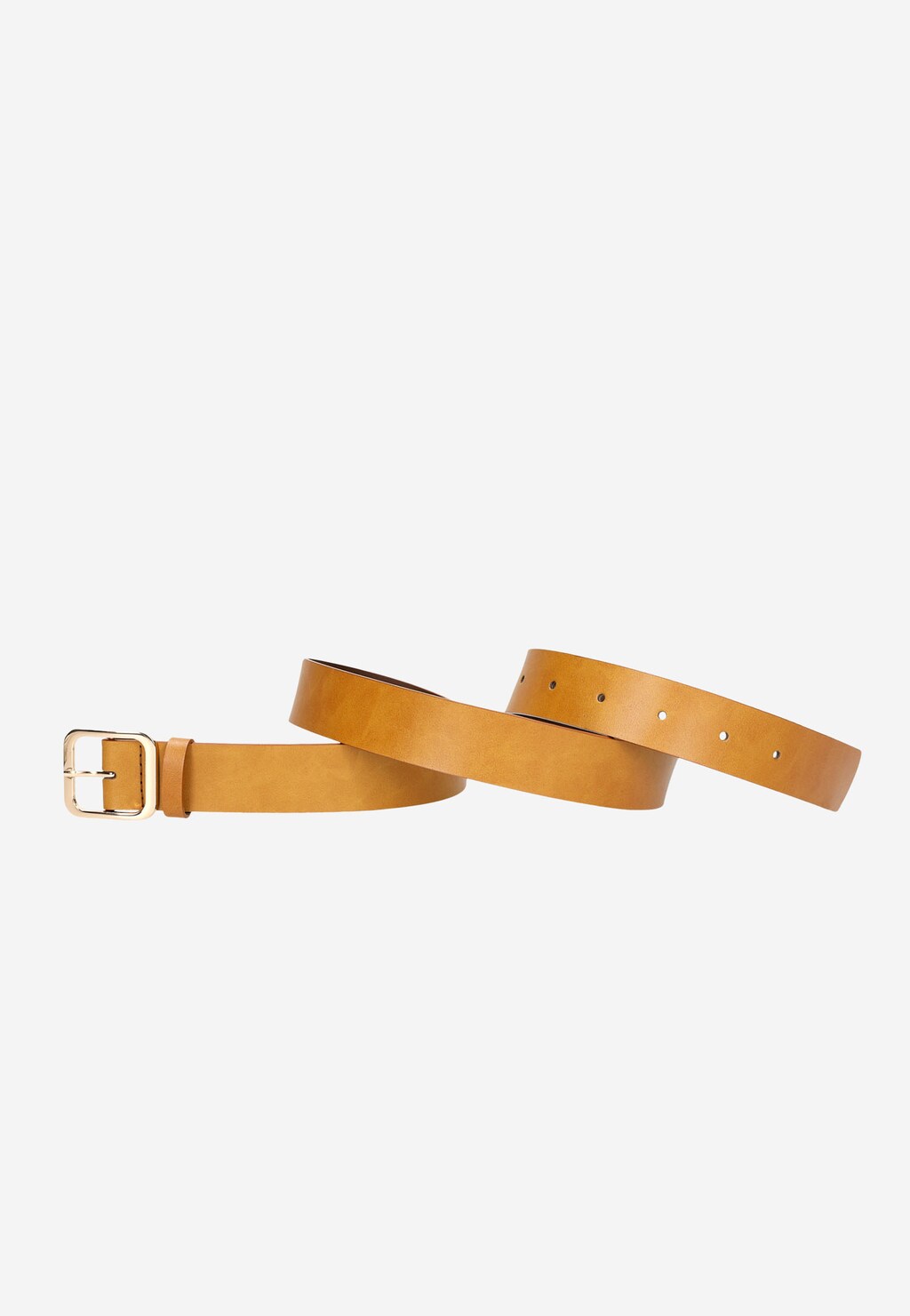 Jasnobrązowy pasek damski Wojas 93073-53 ze skóry licowej, z elegancką złotą klamrą i otworami regulacyjnymi, ułożony w delikatny kształt fali na białym tle.