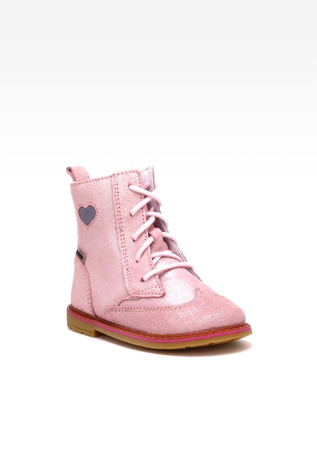 Jasnoróżowe trzewiki dziewczęce Bartek 1087-MA4S z brokatowym wykończeniem, ozdobione sercem na boku, sznurowane, z gumową podeszwą i charakterystycznym różowym oblamowaniem.