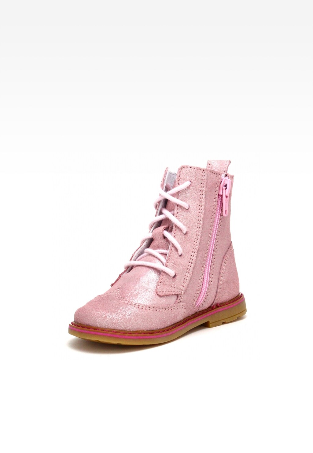 Jasnoróżowe trzewiki dziewczęce BARTEK 1087-MA4S z błyszczącym wykończeniem, sznurówkami i bocznym zamkiem błyskawicznym, na brązowej podeszwie.
