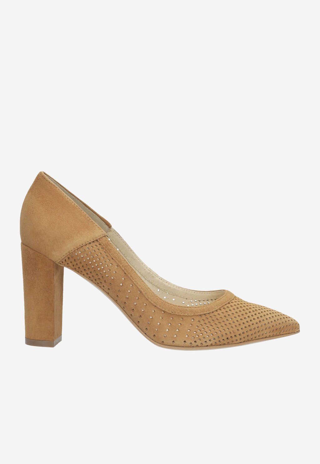 Jasnobrązowe ażurowe czółenka na słupku 9285-63 Widok 1