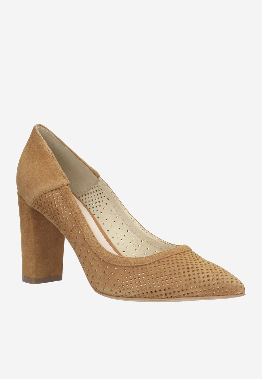 Jasnobrązowe ażurowe czółenka na słupku 9285-63 Widok 2