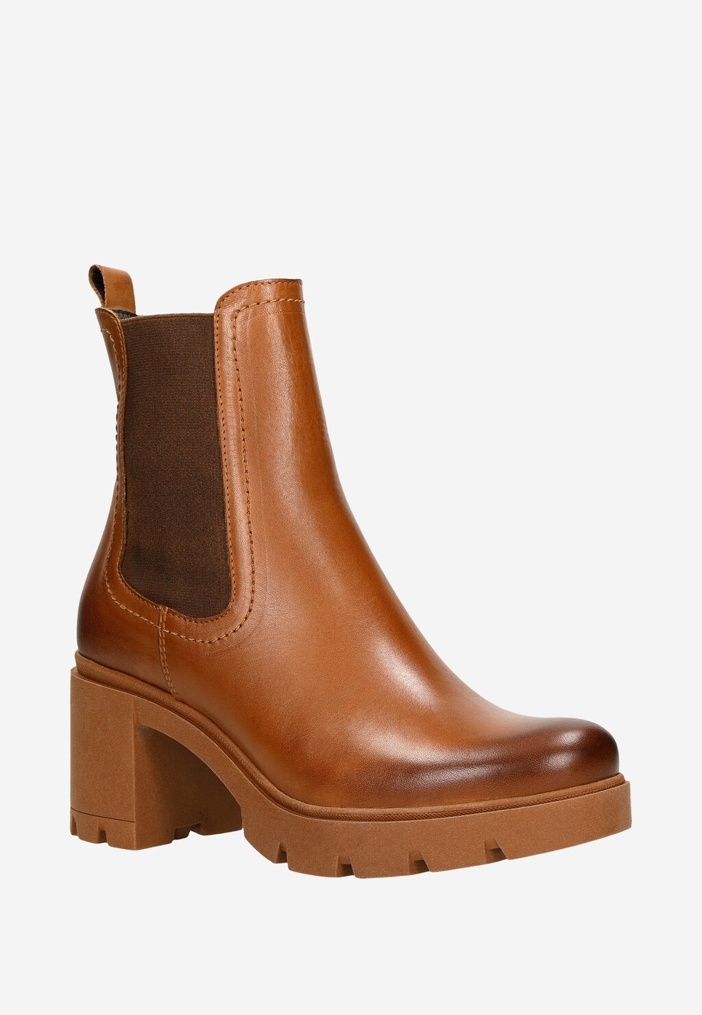 Brązowe sztyblety damskie Wojas 55109-52 z licowej skóry, z elastycznymi wstawkami po bokach, na masywnej podeszwie i szerokim obcasie.