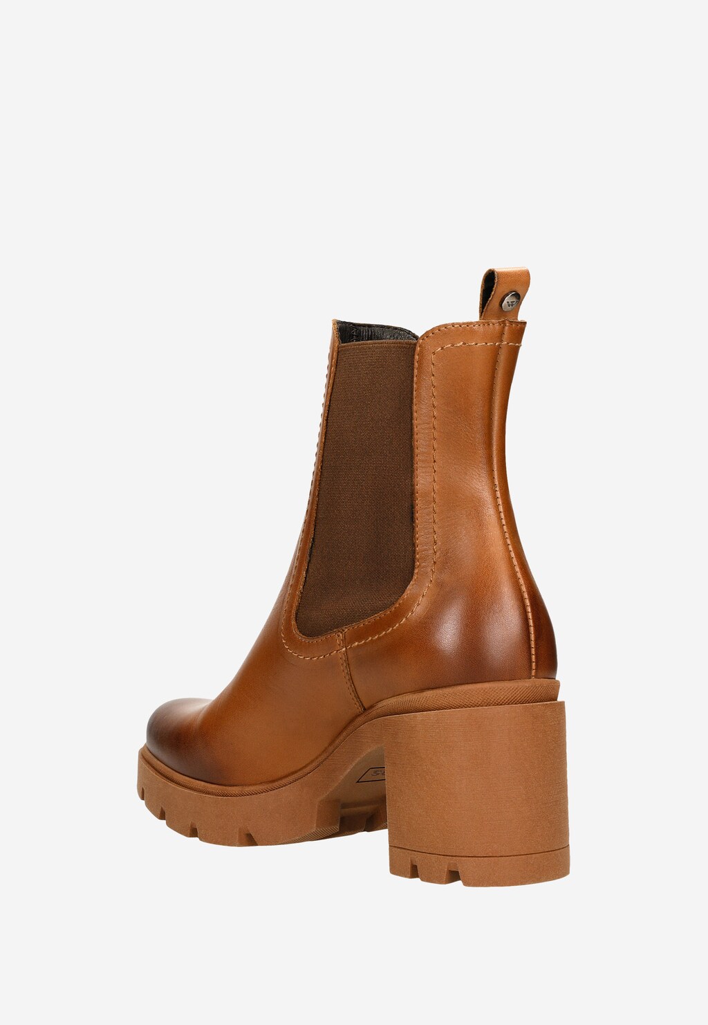 Brązowe skórzane sztyblety damskie Wojas model 55109-52 z licowej skóry, widok z tyłu, z charakterystyczną elastyczną wstawką i masywnym obcasem na profilowanej podeszwie.