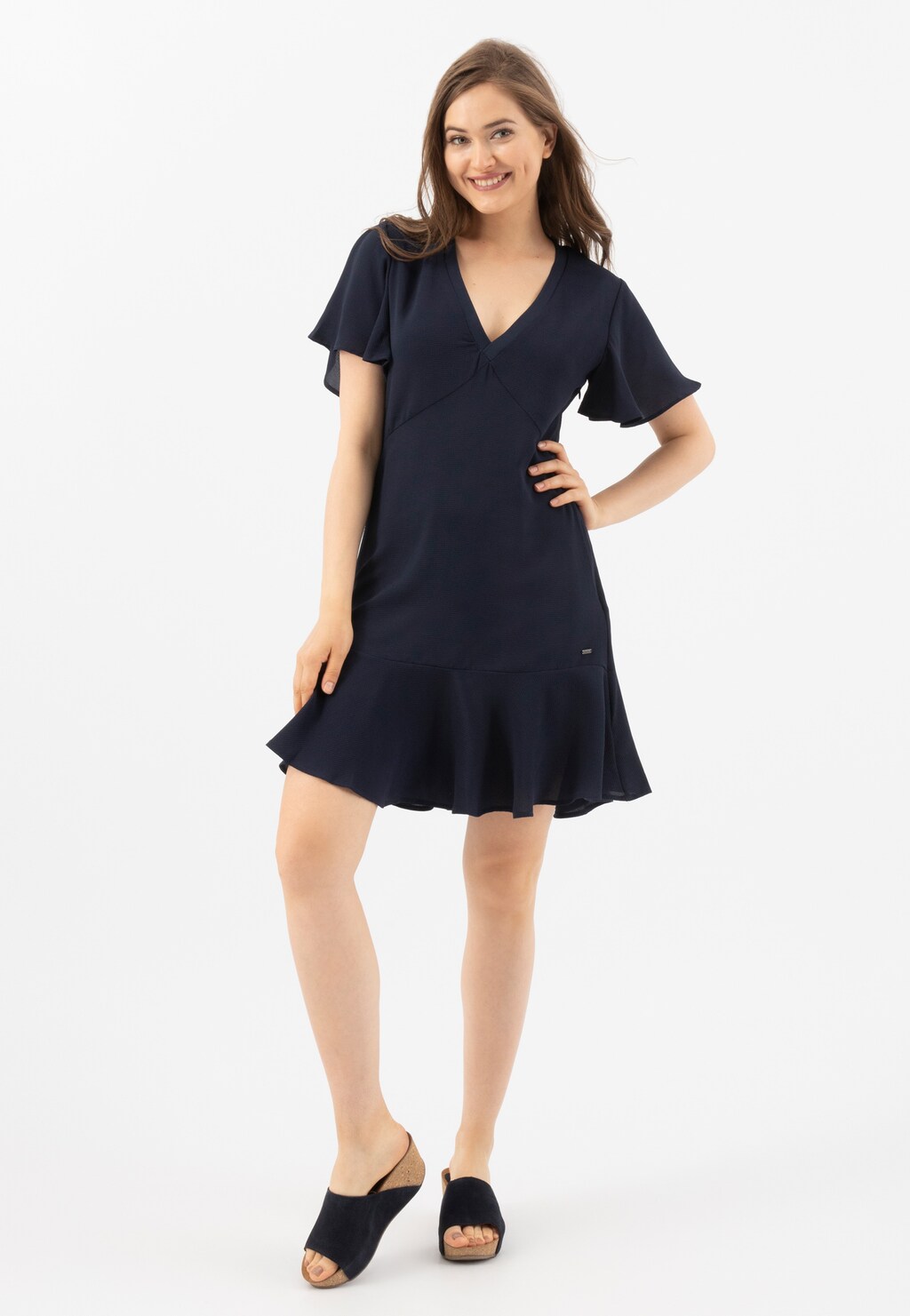 Granatowe klapki damskie na wysokiej korkowej koturnie 74021-86 Widok 8