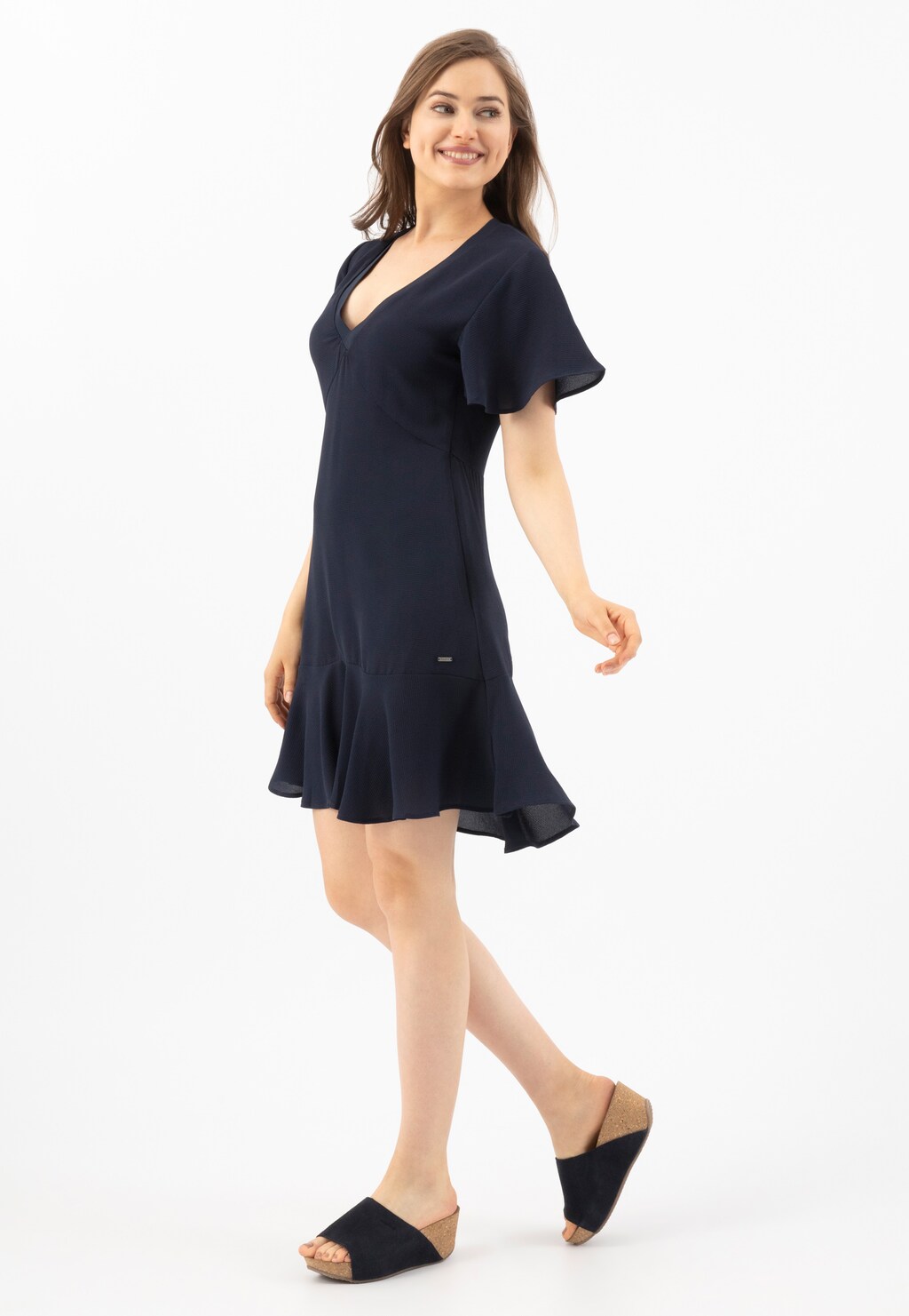 Granatowe klapki damskie na wysokiej korkowej koturnie 74021-86 Widok 1