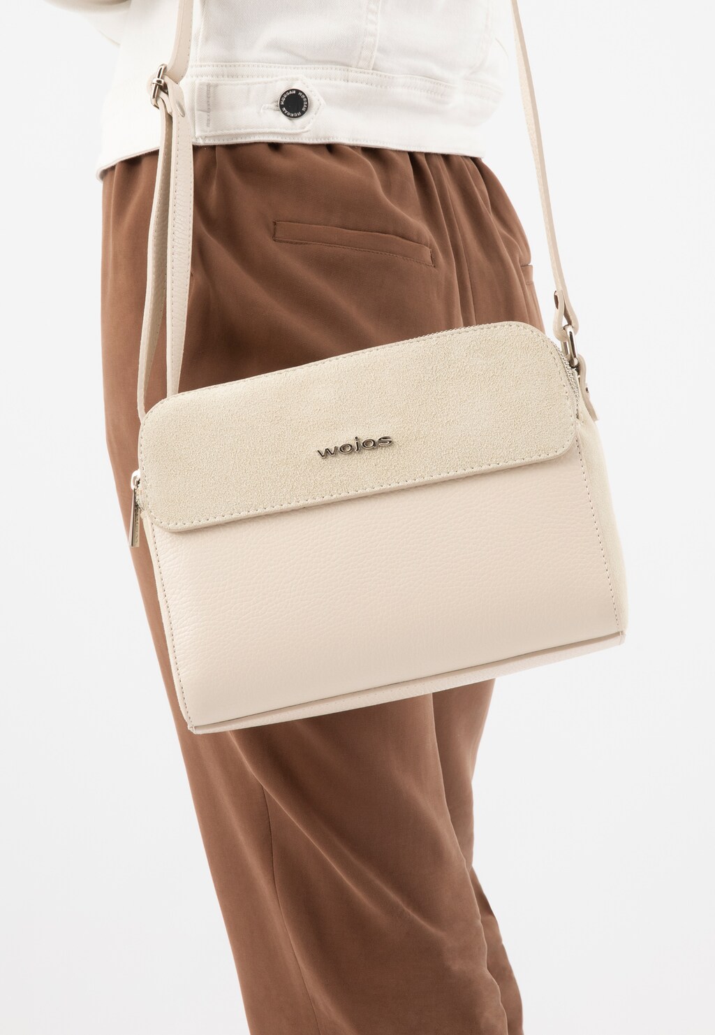 Mała beżowa torebka damska z elementami z dwoiny welurowej 80290-74 Widok 1