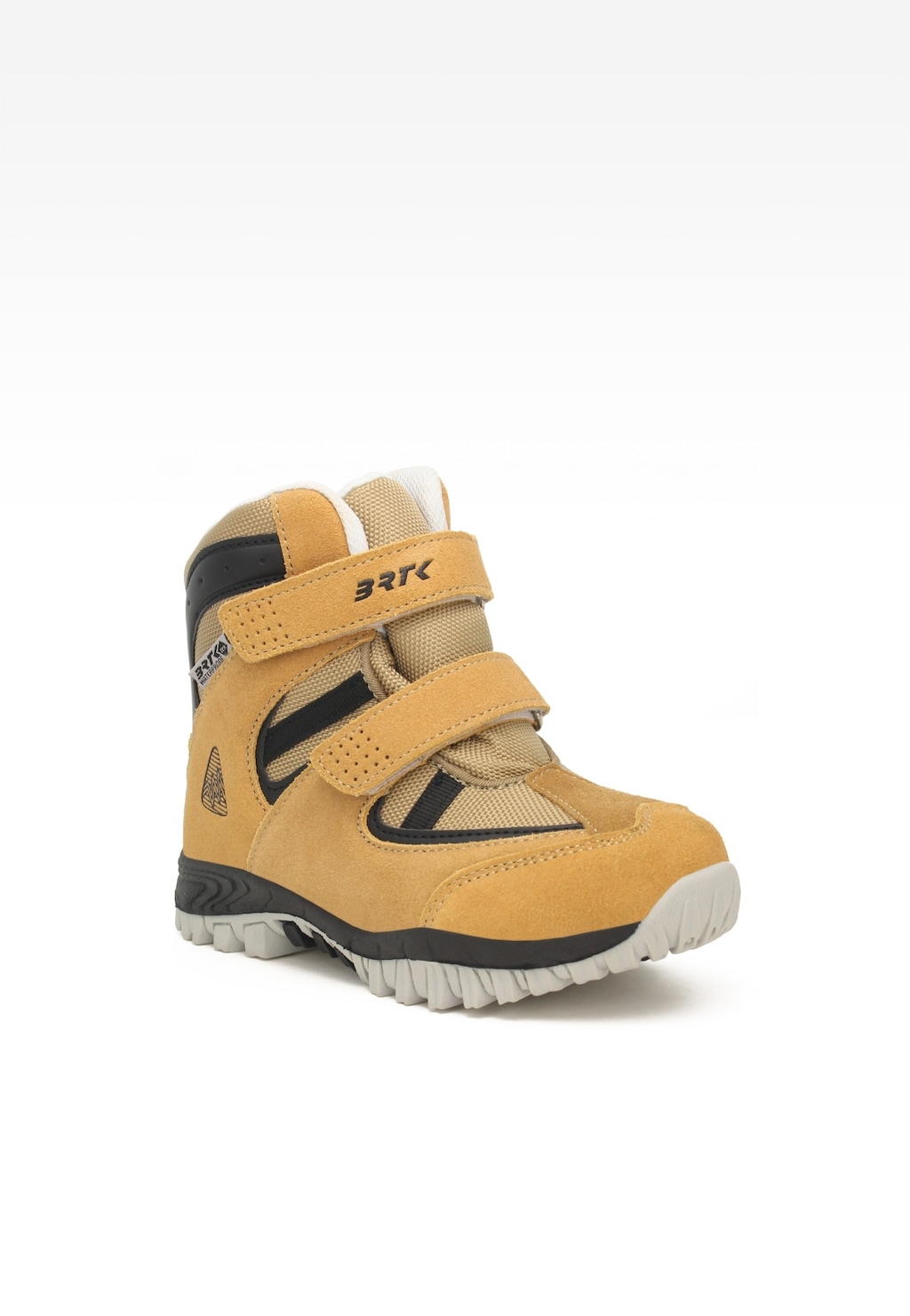 Beżowe trzewiki ocieplane Bartek 11603005 dla chłopców z dwoma rzepami, czarnymi wstawkami i antypoślizgową podeszwą, idealne na zimowe dni.