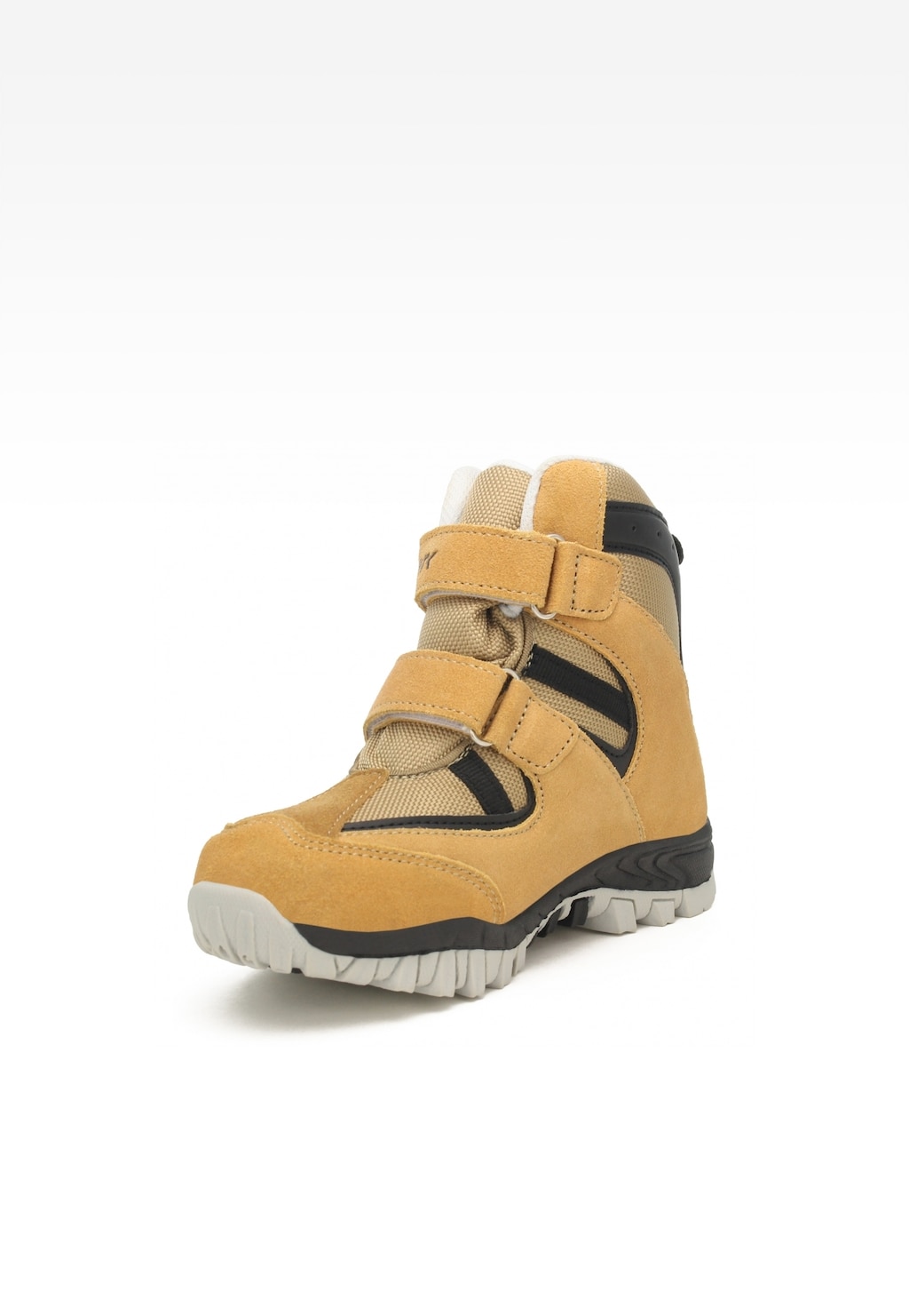 Beżowe trzewiki ocieplane Bartek 11603005 dla chłopców z rzepami, widoczne z boku. But ma tekstylne wstawki i czarne elementy oraz grubą, zimową podeszwę.