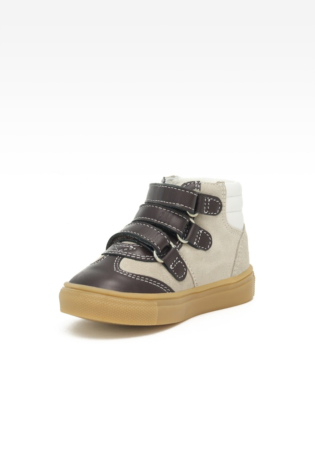 Trzewiki ocieplane BARTEK 11575007 w kolorze beżowo-brązowym z trzema rzepami, podeszwą gumową i kontrastowymi przeszyciami, idealne dla dzieci na zimowe dni.