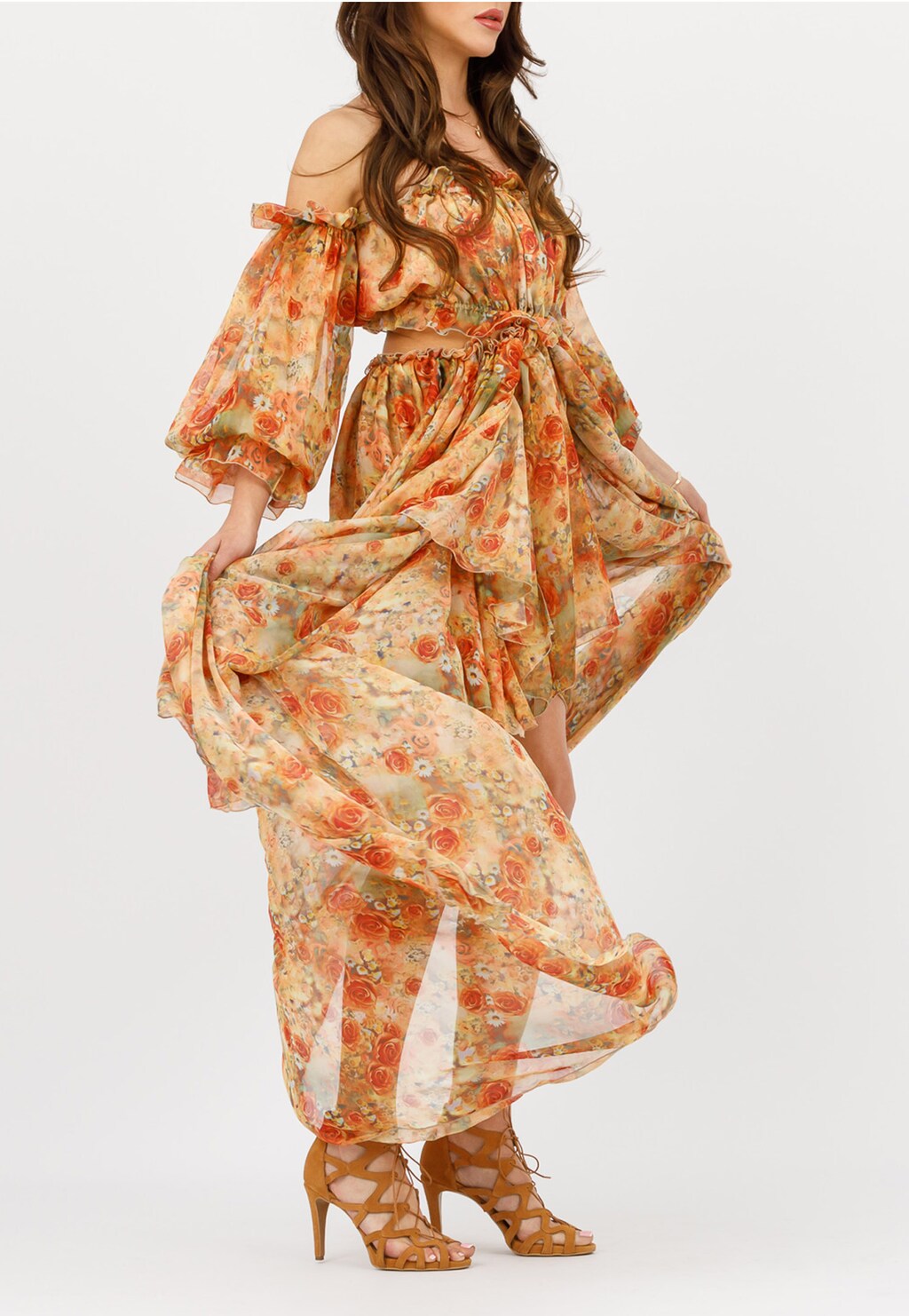 Jasnobrązowe sandały damskie na szpilce z ozdobnymi paseczkami 76044-63 Widok 7