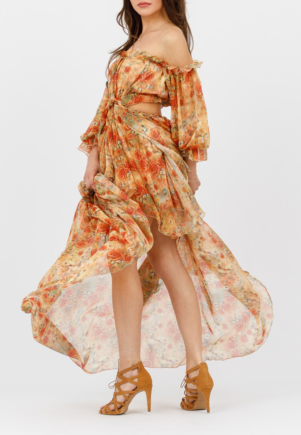 Jasnobrązowe sandały damskie na szpilce z ozdobnymi paseczkami 76044-63 Widok 1