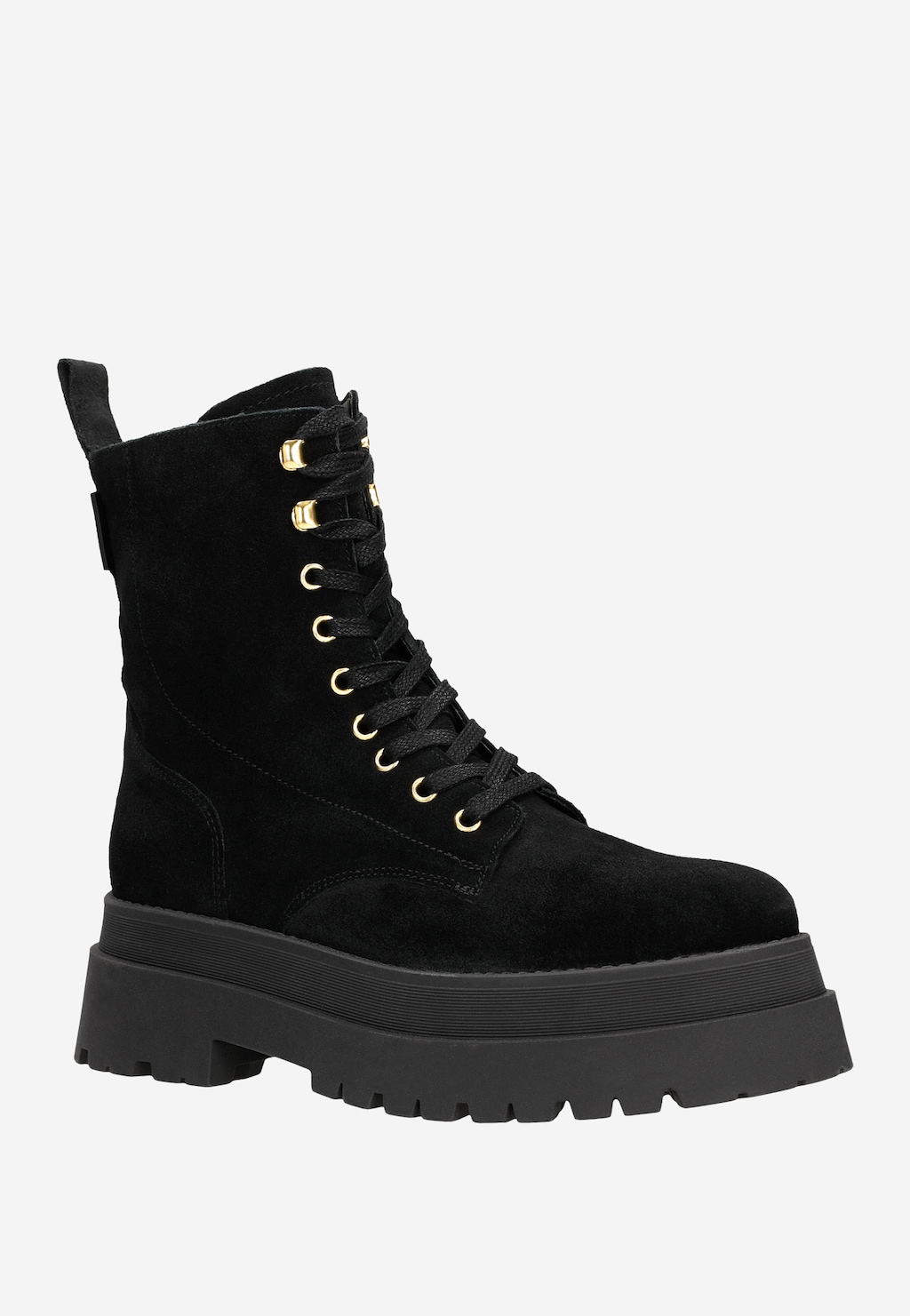 Czarne trzewiki damskie na masywnej podeszwie ze złotymi akcentami 64072-61 Widok 3