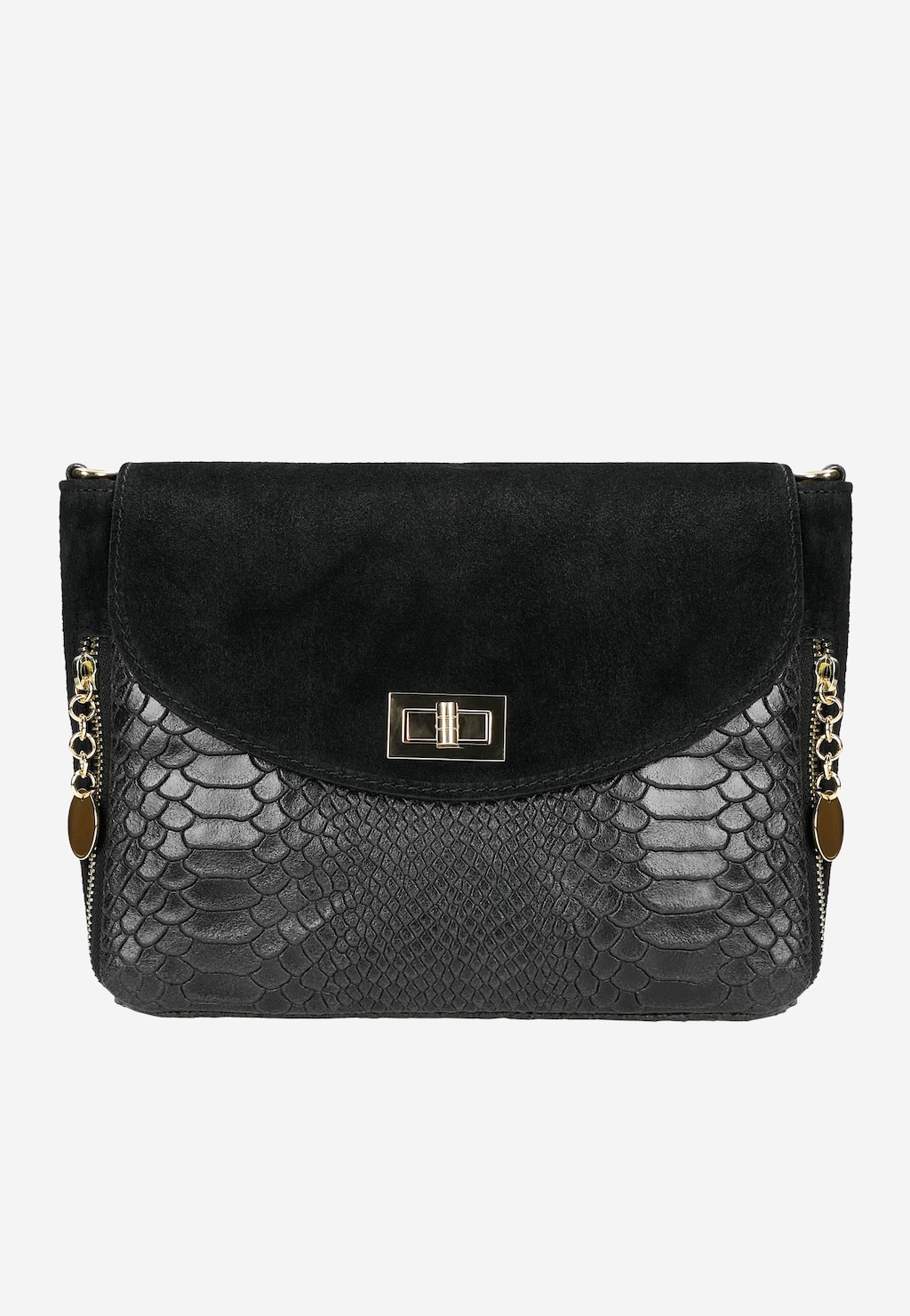 Elegancka czarna torebka Wojas 80157-71 z teksturą skóry krokodyla i zamszową klapą, ozdobiona złotym zapięciem i łańcuszkiem, idealna na formalne okazje.