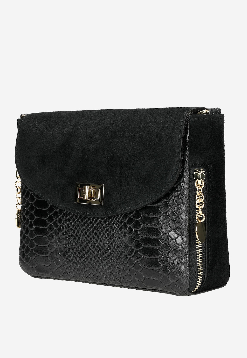 Elegancka czarna torebka damska Wojas model 80157-71 z zamszową klapą i teksturą skóry krokodyla, ozdobiona złotym zapięciem i łańcuszkiem z boku.