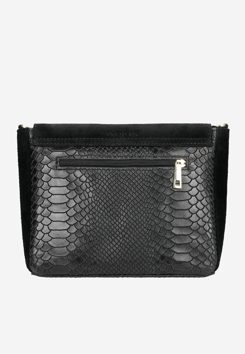 Elegancka czarna torebka Wojas 80157-71 z teksturą skóry krokodyla, z zamkiem błyskawicznym i metalowym wykończeniem, widok z tyłu ukazujący kieszeń zewnętrzną.