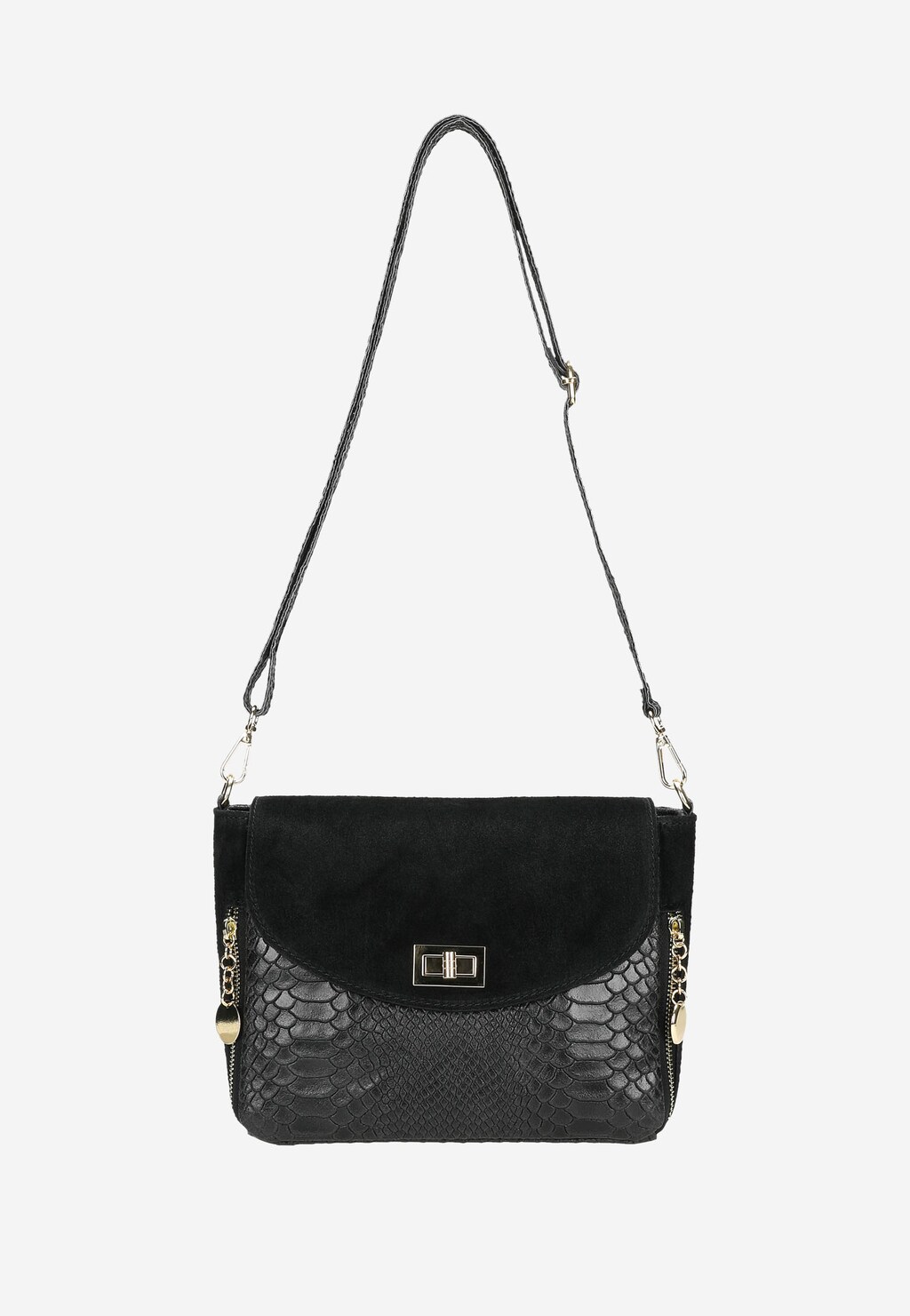 Elegancka czarna torebka damska Wojas model 80157-71 z teksturą skóry krokodyla, z zamknięciem na klapę i długim regulowanym paskiem na ramię.