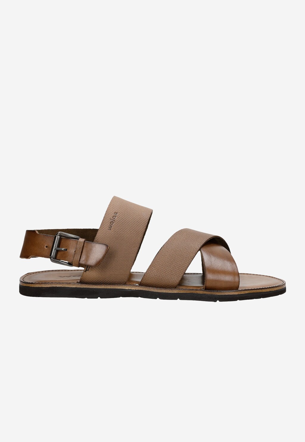 Brązowe sandały męskie Wojas 29007-52 z bocznymi paskami i klamrą, widok z profilu. Elegancki letni model z przeplatanymi paskami na czarnej podeszwie.