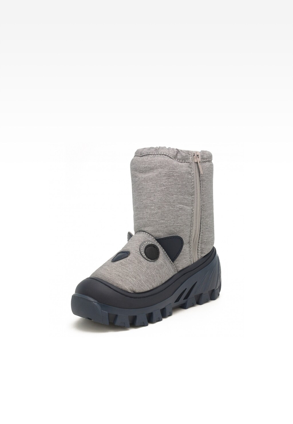 Śniegowce dziecięce Bartek 14565005 w szarym kolorze z motywem zwierzęcym, zamkiem bocznym i grubą podeszwą. Zimowe buty dla chłopców z ciepłą wyściółką.