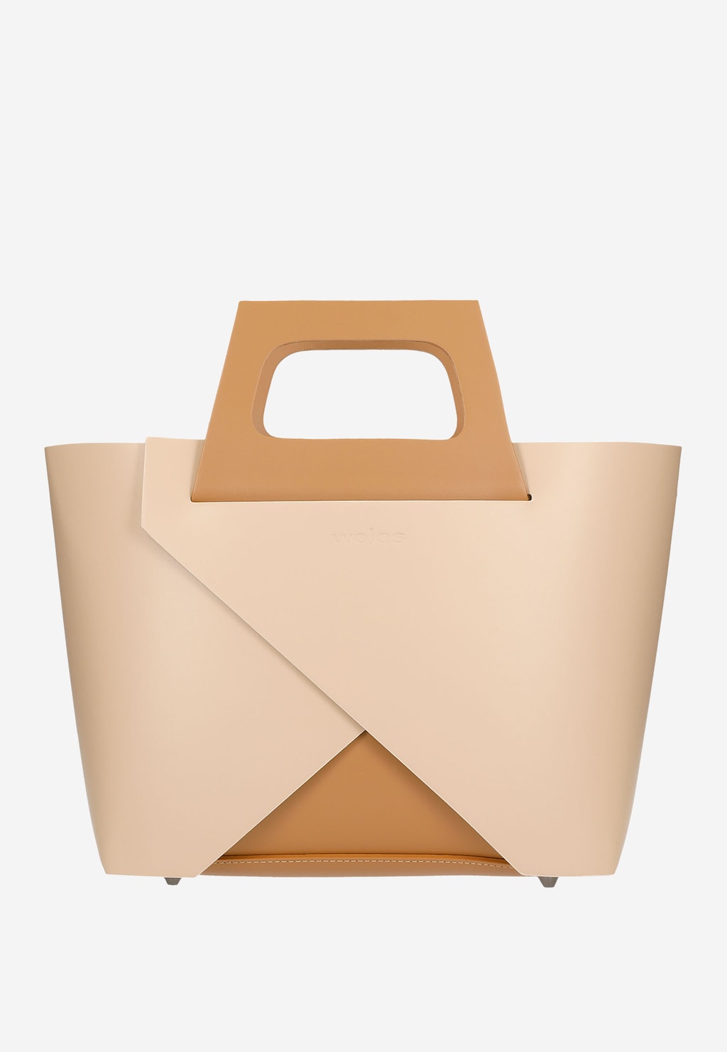 Beżowy kuferek skórzany Wojas model 80322-54 z charakterystycznym geometrycznym wzorem i brązowymi elementami, widok z przodu, elegancka torebka damska.