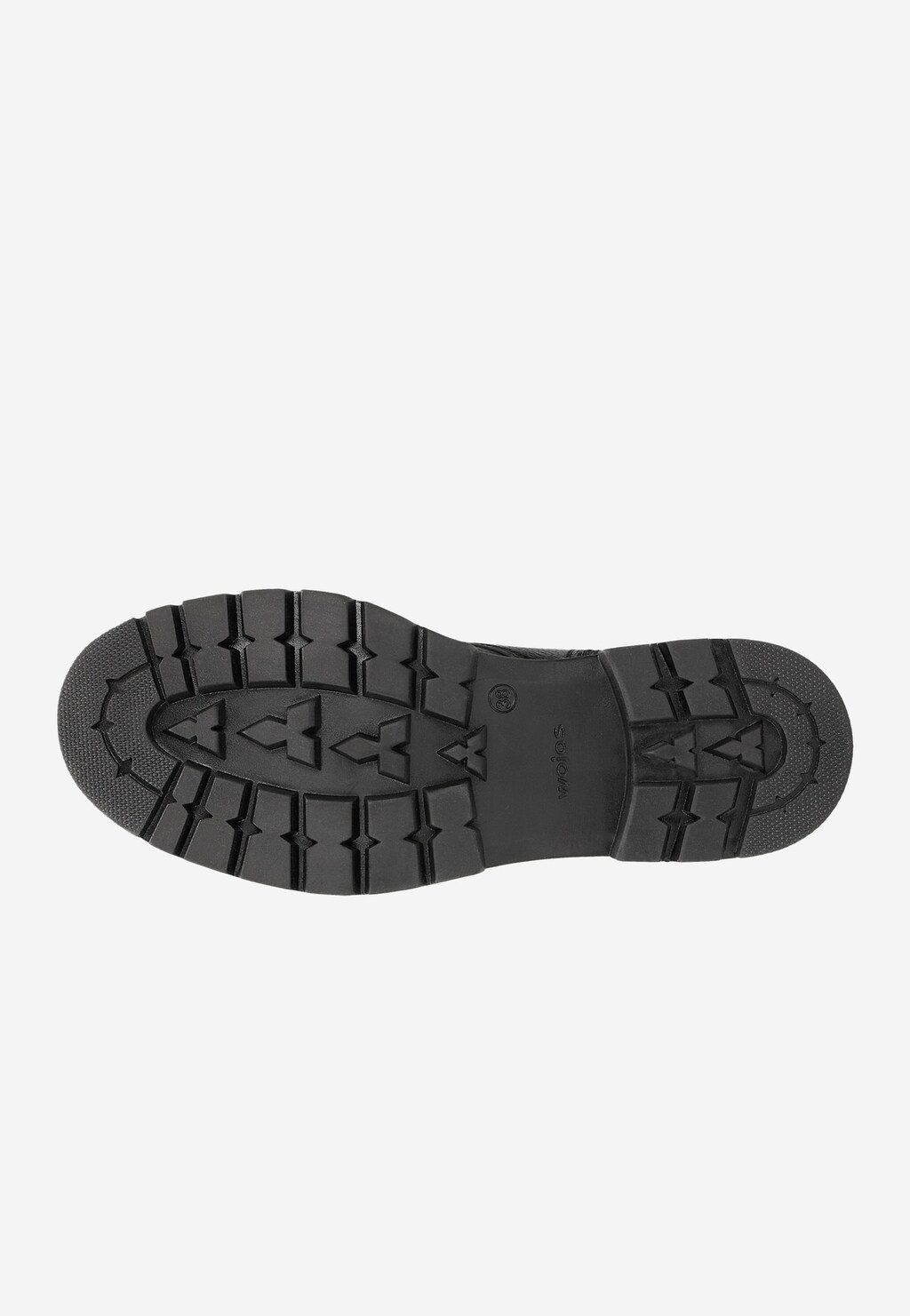 Czarna, profilowana podeszwa z wyrazistym bieżnikiem do trzewików damskich Wojas model 64098-51, widok od spodu, zapewniająca przyczepność na różnych nawierzchniach.