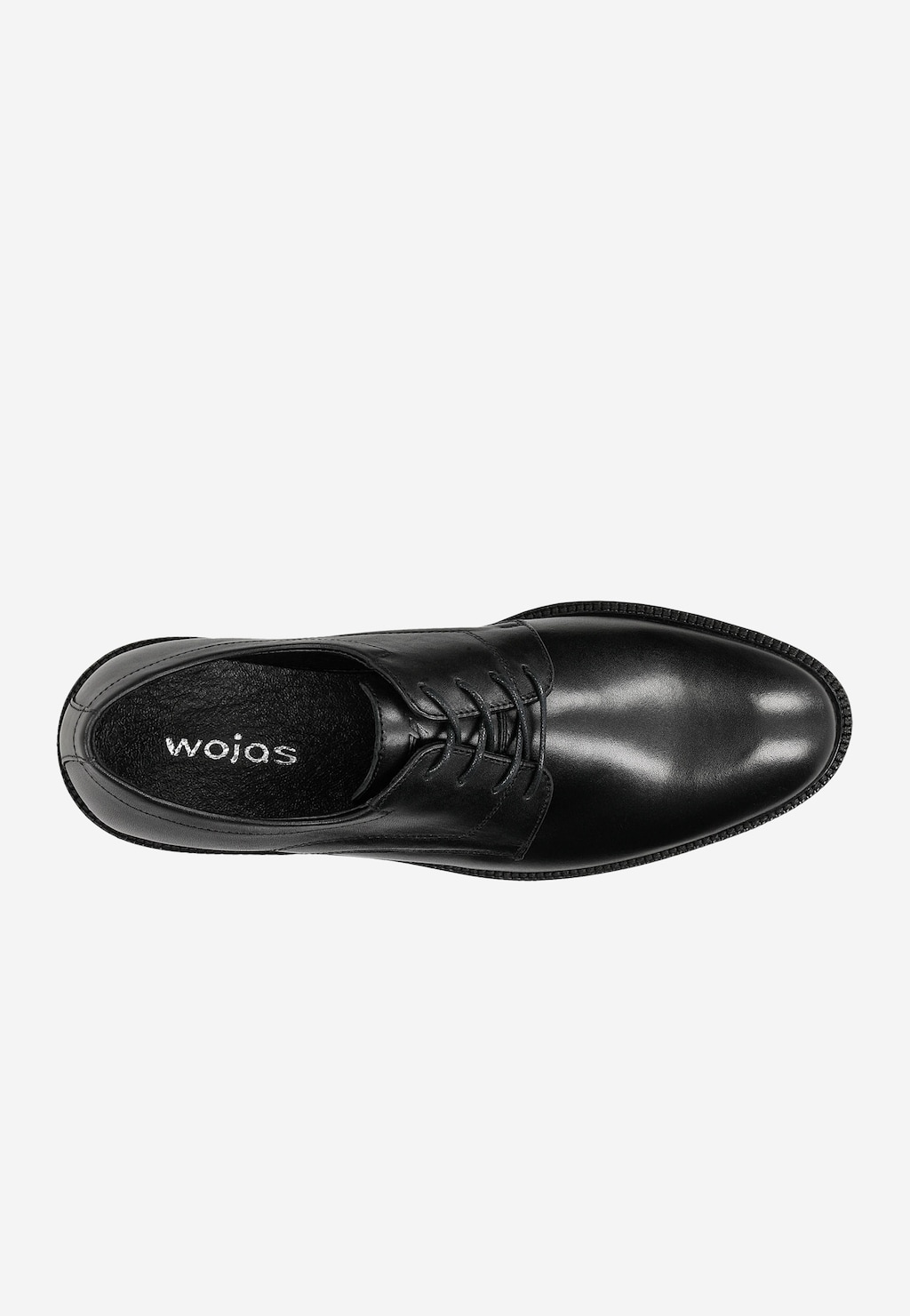 Czarne eleganckie półbuty męskie Wojas model 10133-51, widok z góry. Skórzane obuwie sznurowane z połyskującą powierzchnią i wyraźnie widocznym logo marki.
