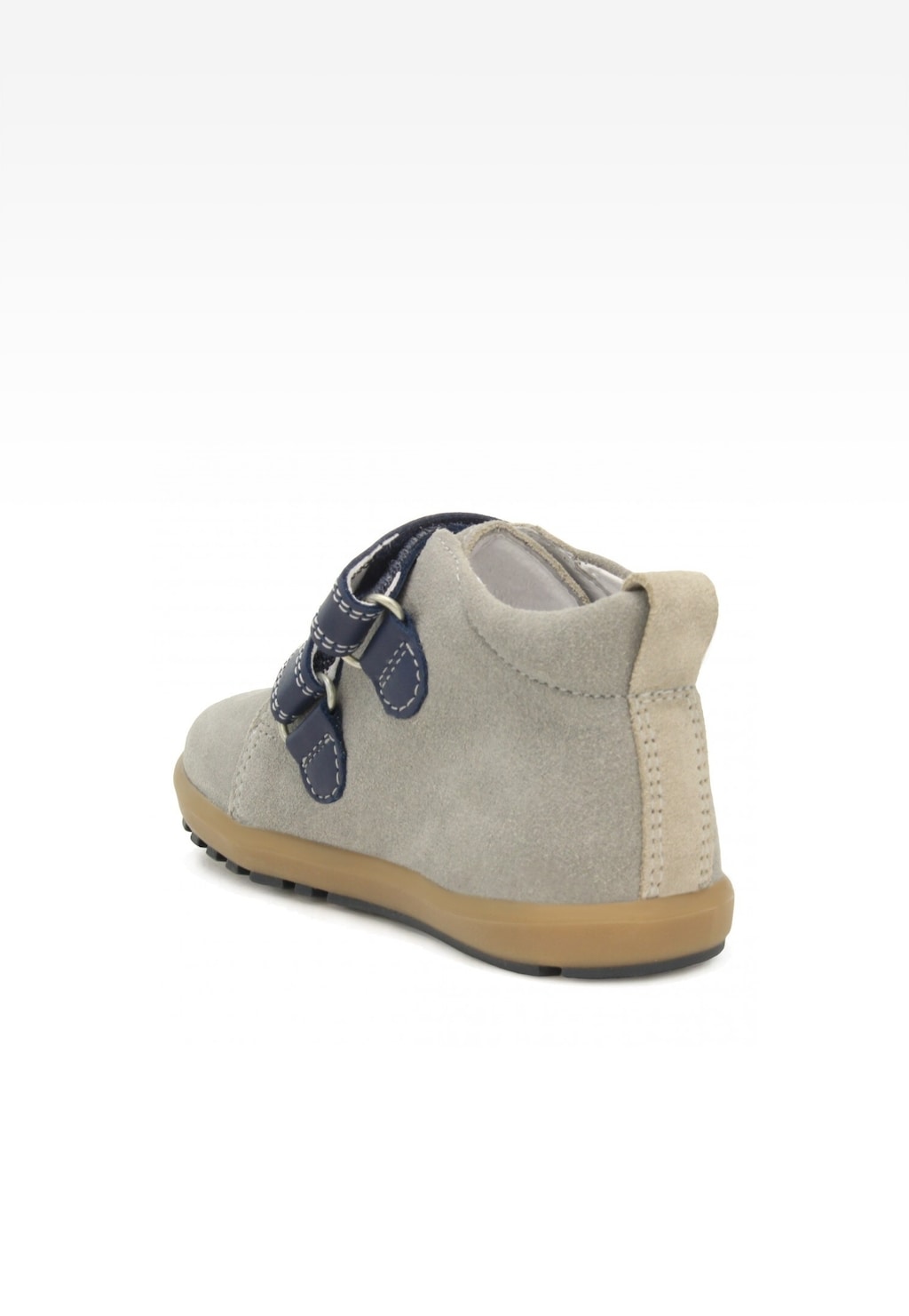 Szaro-granatowe obuwie profilaktyczne Bartek Baby 11773-043 z rzepami, widok z tyłu. But ma zamszową cholewkę i gumową podeszwę.