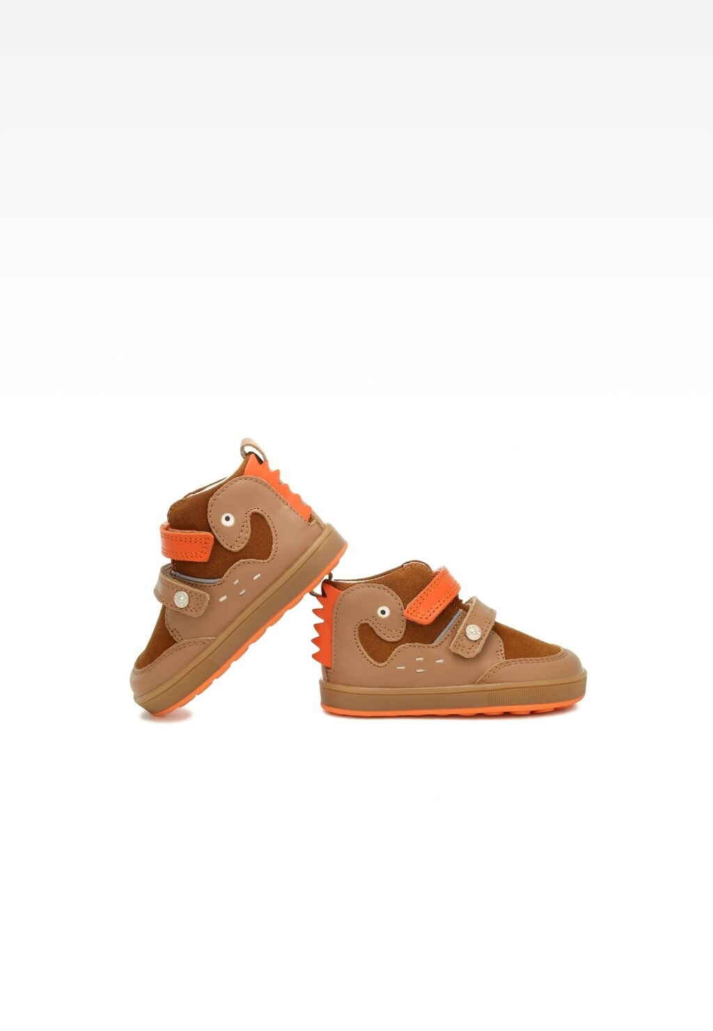 Brązowe buciki dziecięce Mini first steps BARTEK 13634001 z pomarańczowymi akcentami, zapięciem na rzep i zabawnym motywem dinozaura, idealne dla pierwszych kroków.