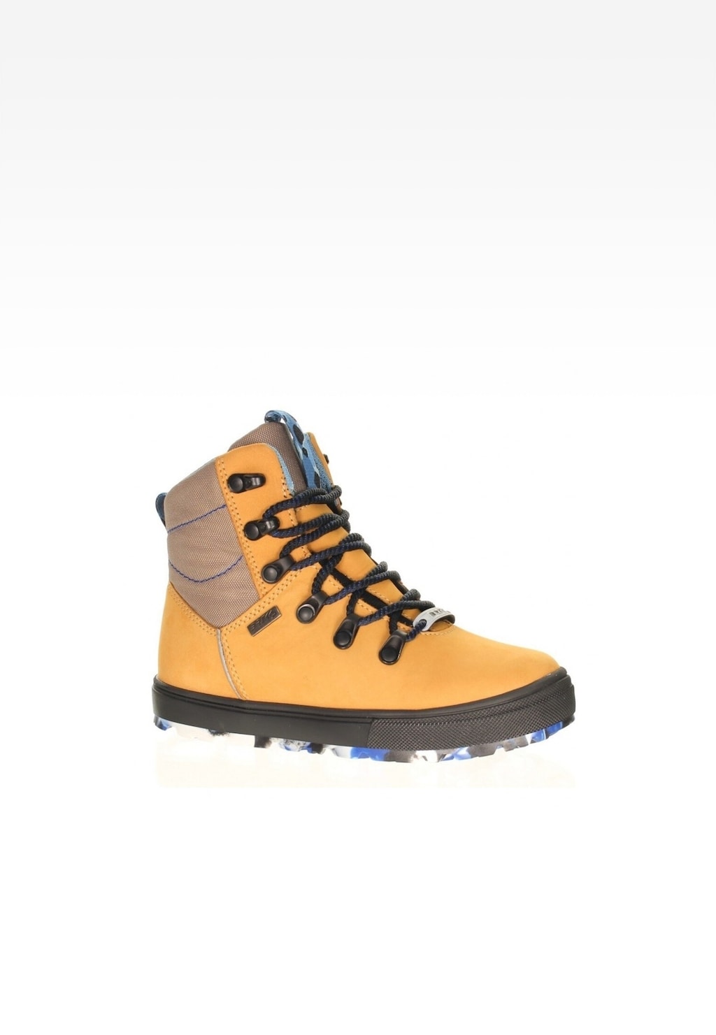 Beżowe trzewiki ocieplane Bartek T-97331/1DY dla dziewcząt z czarnymi sznurówkami, szarymi wstawkami i kolorową podeszwą, widok z boku.