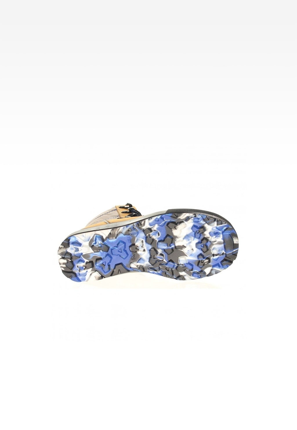 Podeszwa trzewików BARTEK T-97331/1DY dla dziewcząt z charakterystycznym niebiesko-szarym wzorem kamuflażowym, widok od spodu beżowego buta ocieplanego.