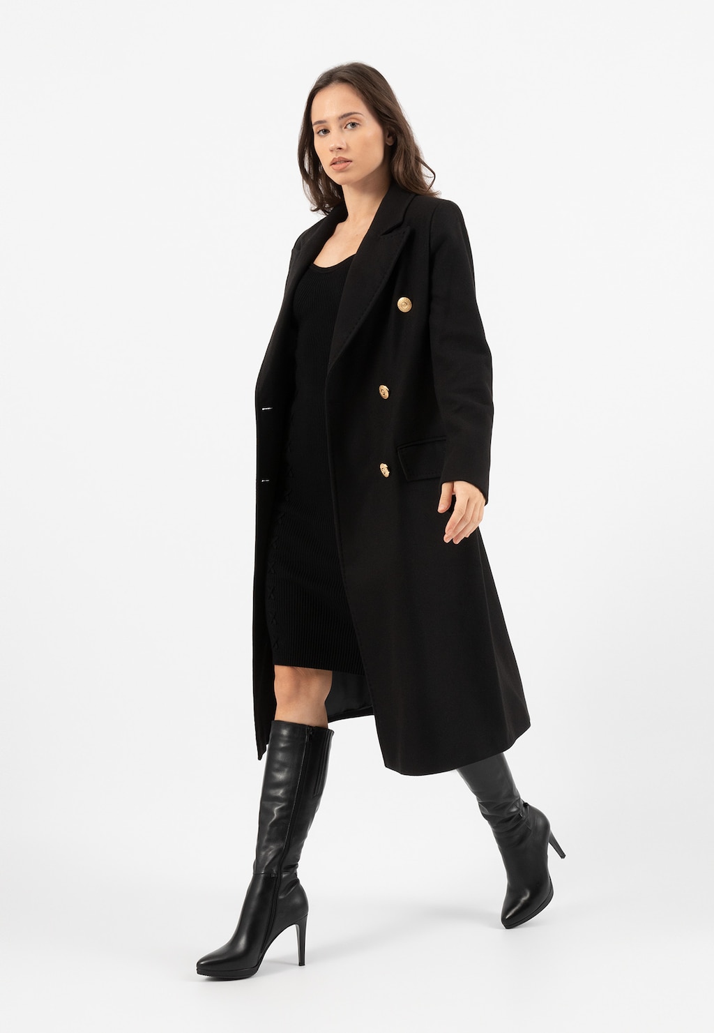 RELAKS czarny elegancki płaszcz damski ze złotymi guzikami R99006-41 Widok 3