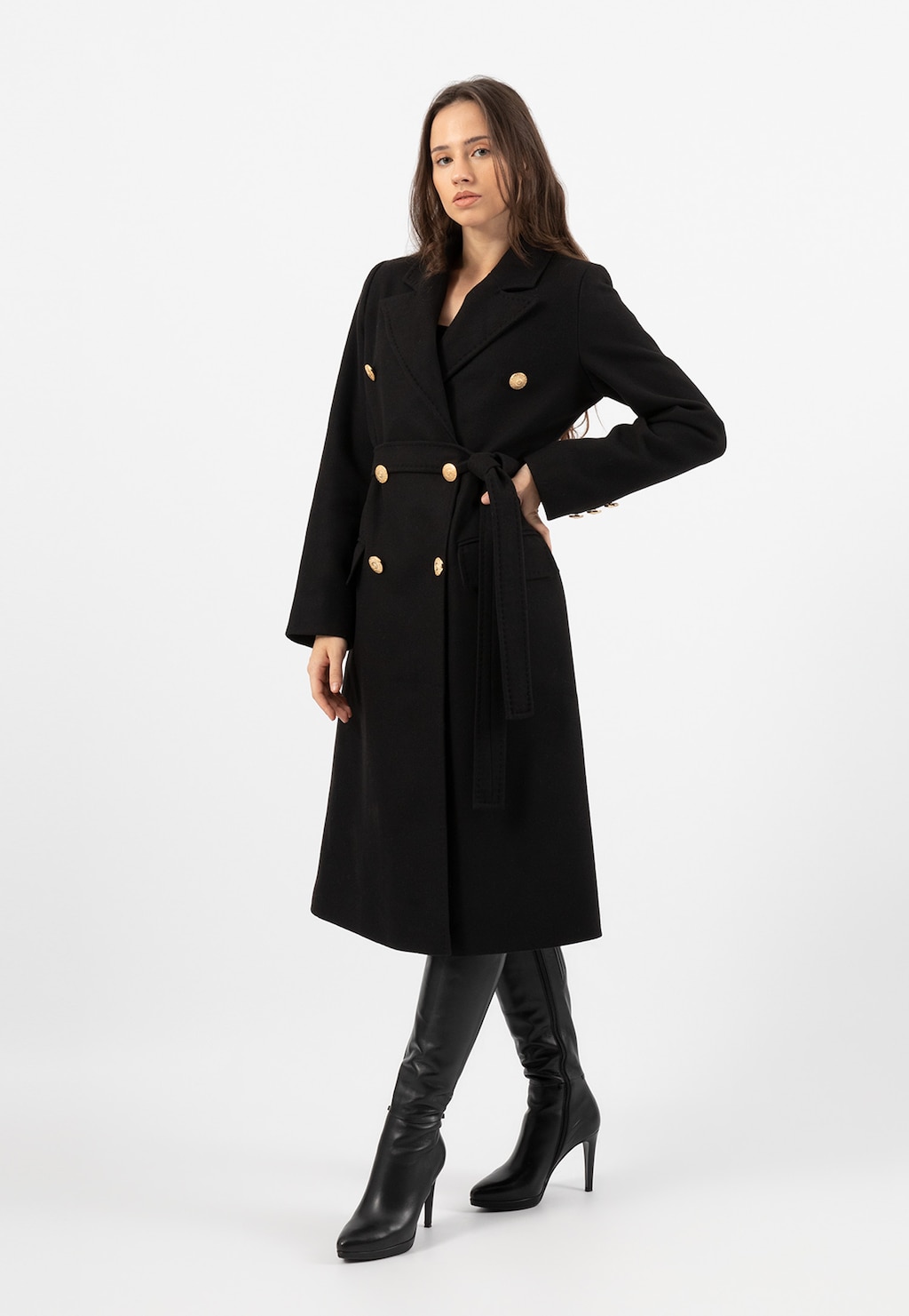 RELAKS czarny elegancki płaszcz damski ze złotymi guzikami R99006-41 Widok 6