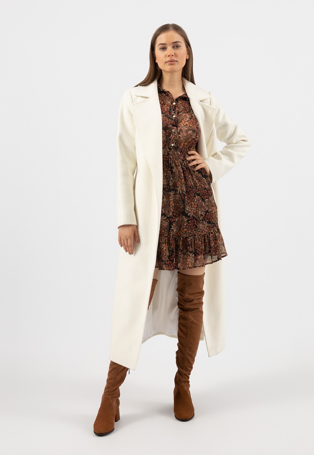 RELAKS długi gładki płaszcz damski ecru R99003-49 Widok 2