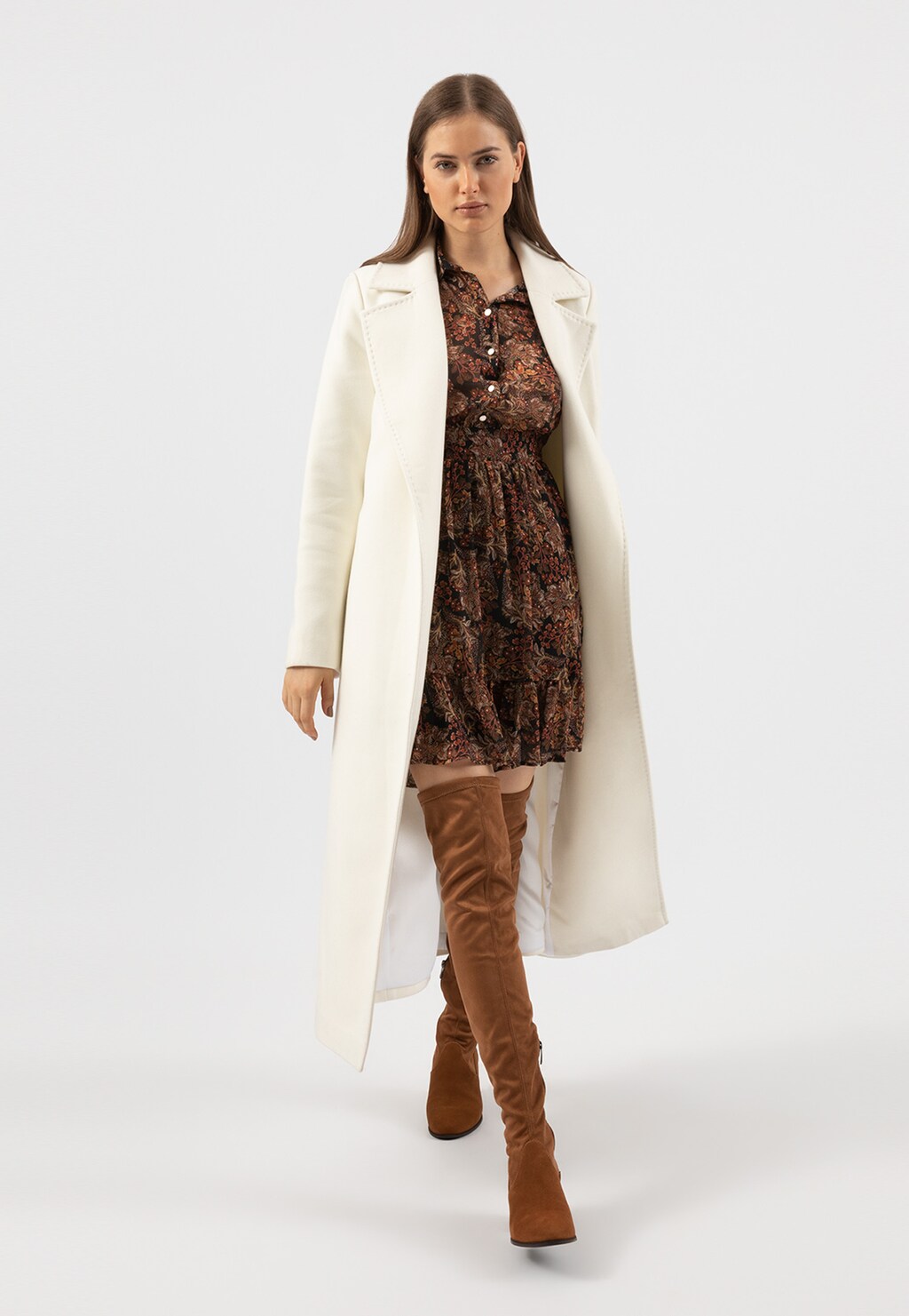 RELAKS długi gładki płaszcz damski ecru R99003-49 Widok 3