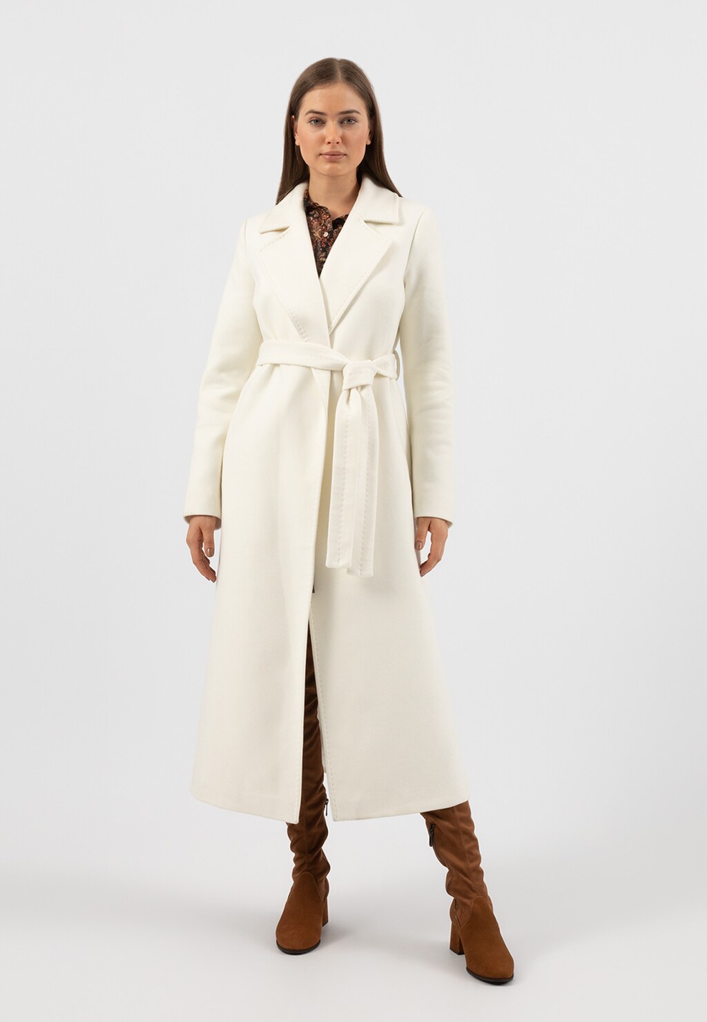 RELAKS długi gładki płaszcz damski ecru R99003-49 Widok 4