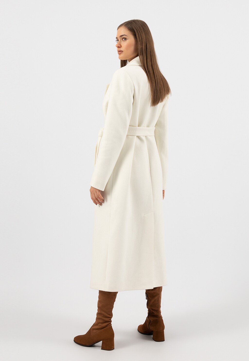 RELAKS długi gładki płaszcz damski ecru R99003-49 Widok 5