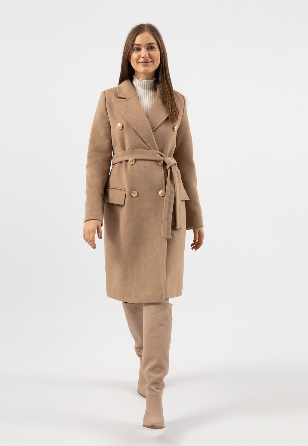 RELAKS elegancki beżowy płaszcz damski ze złotymi guzikami R99005-44 Widok 5