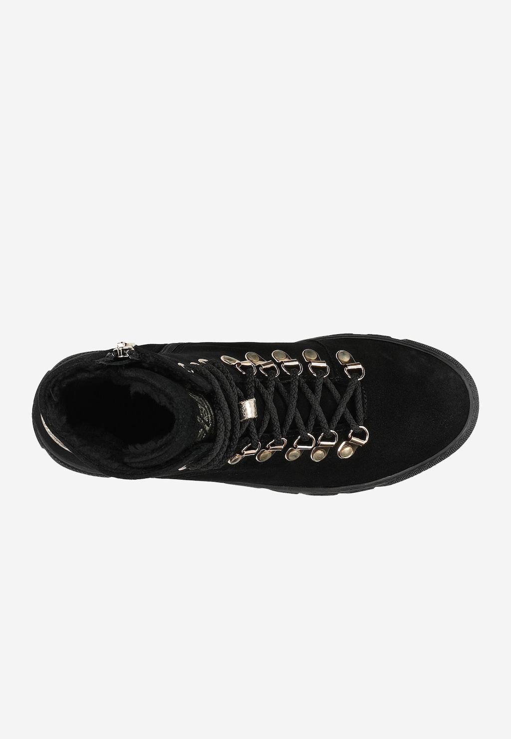 Czarne ocieplane trzewiki damskie Relaks R64006-61 z futrzanym kołnierzem i złotymi oczkami na sznurowadłach, widok z góry.