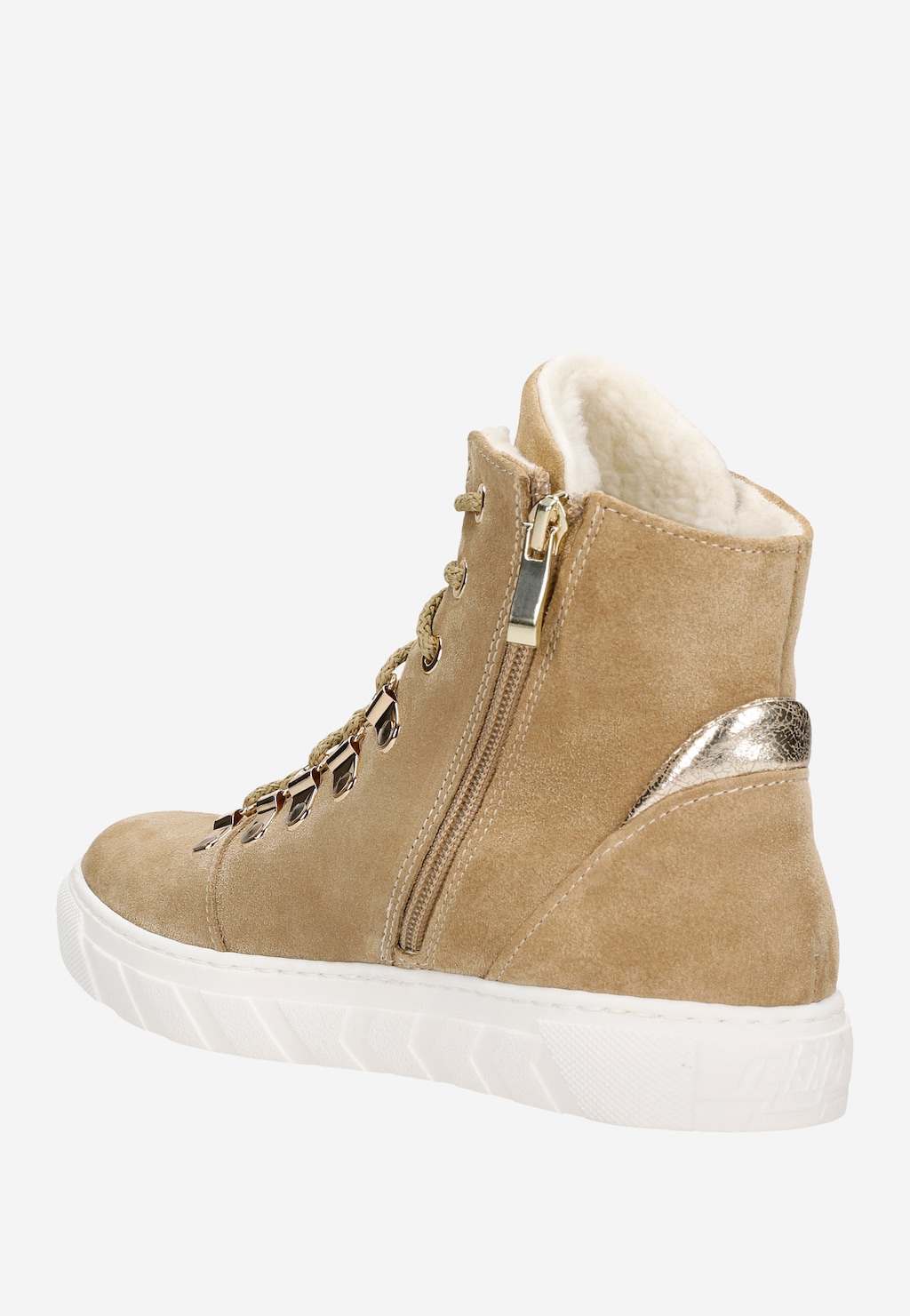 Beżowo-złote trzewiki damskie Relaks R64006-64 z ciepłym ociepleniem, zamkiem błyskawicznym z boku i złotymi akcentami na pięcie, na białej podeszwie.