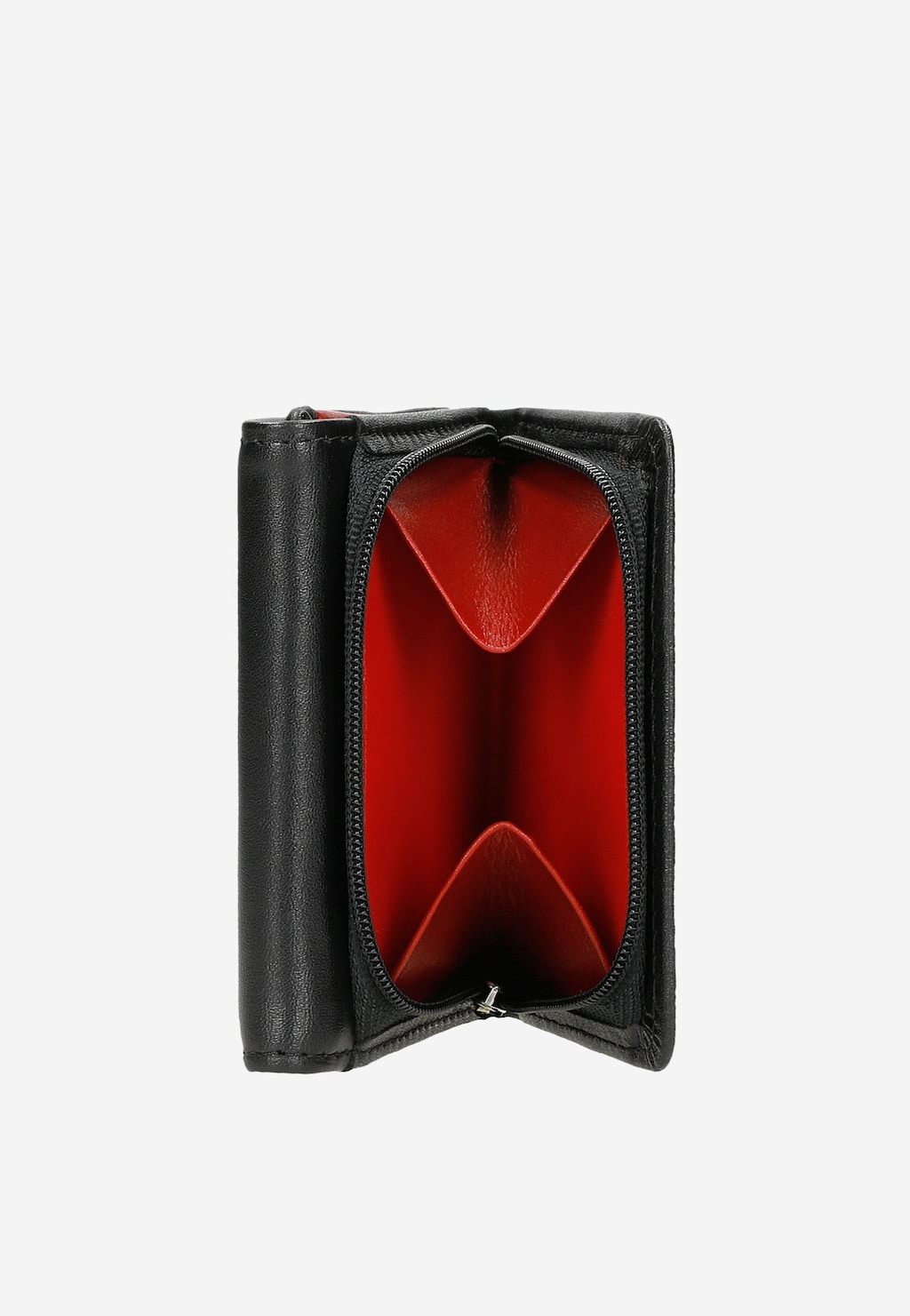 Elegancki czarny portfel damski Wojas model 91067-51, otwarty z widocznym czerwonym wnętrzem, ukazujący wewnętrzne przegrody i zamek błyskawiczny.