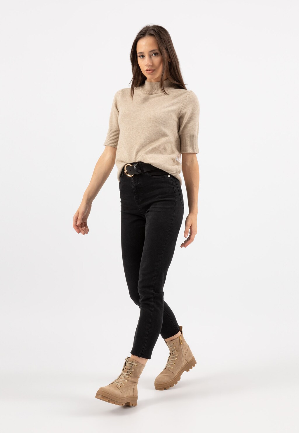 Beżowe trzewiki damskie z dwoiny welurowej na grubej podeszwie 64077-64 Widok 7