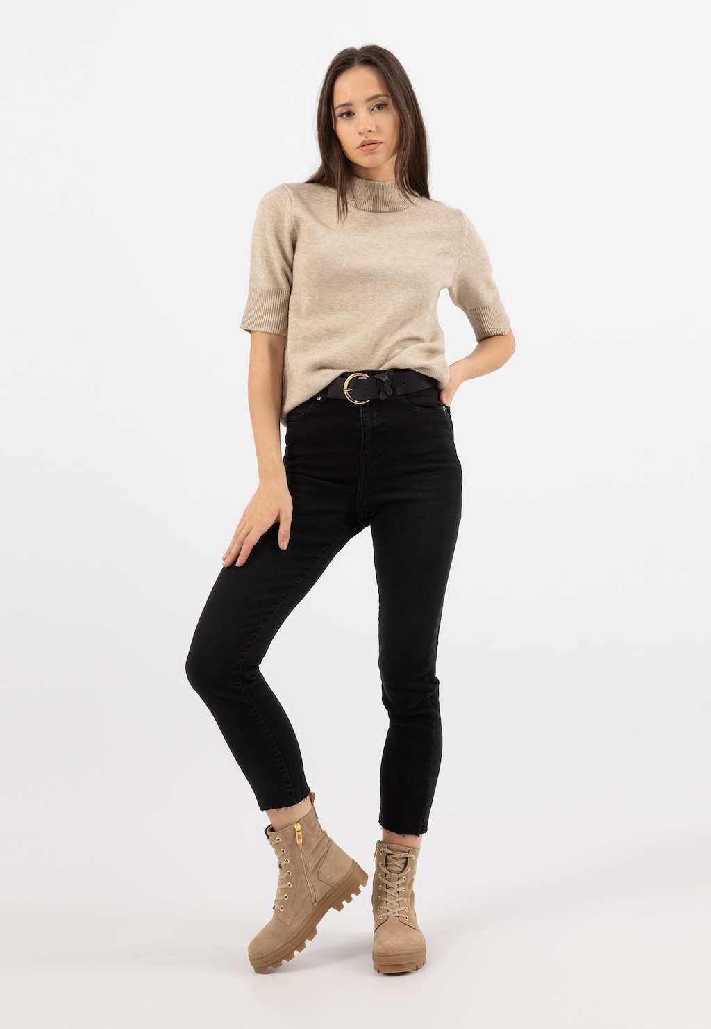 Beżowe trzewiki damskie z dwoiny welurowej na grubej podeszwie 64077-64 Widok 9