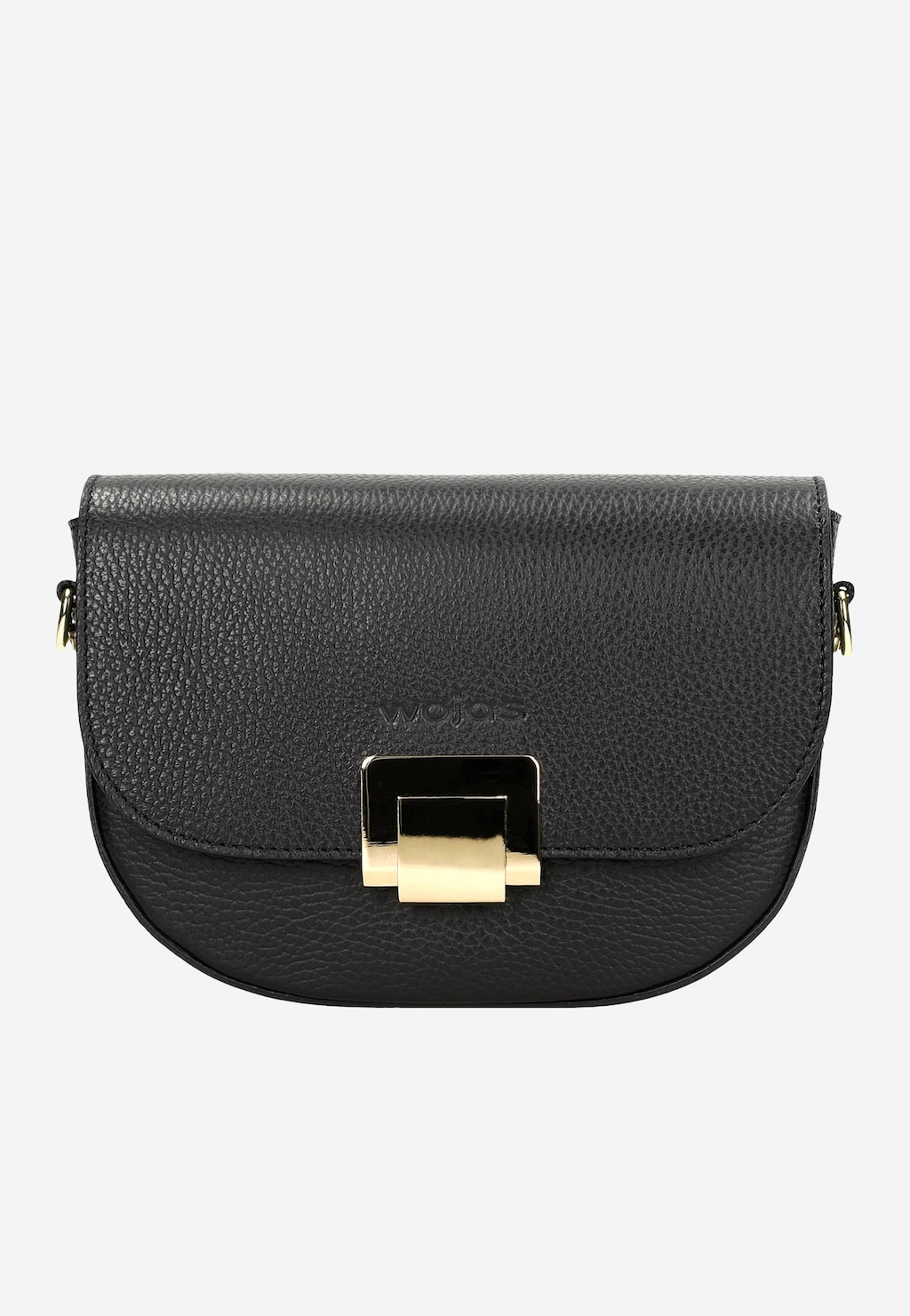 Elegancka czarna torebka Wojas model 80313-51 z fakturowanej skóry, z charakterystycznym złotym zapięciem na klapie, kompaktowy rozmiar idealny na codzienne wyjścia.