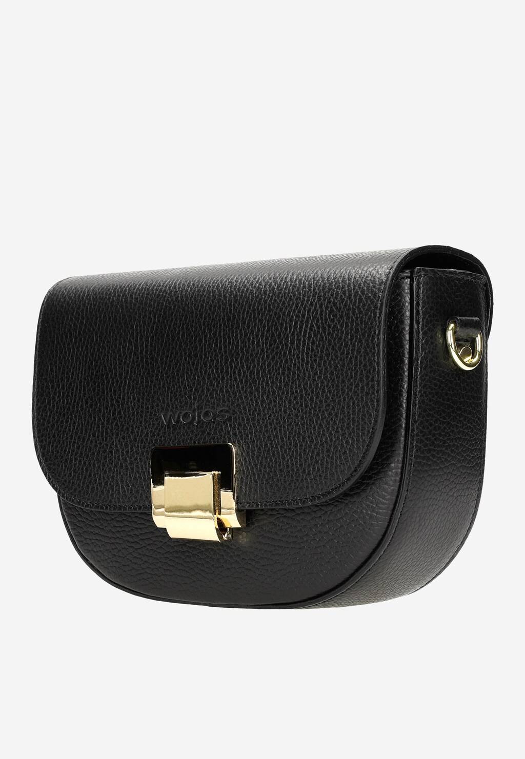 Elegancka czarna torebka Wojas 80313-51 z charakterystycznym złotym zapięciem, wykonana z teksturowanej skóry, idealna jako mały dodatek do codziennych stylizacji.