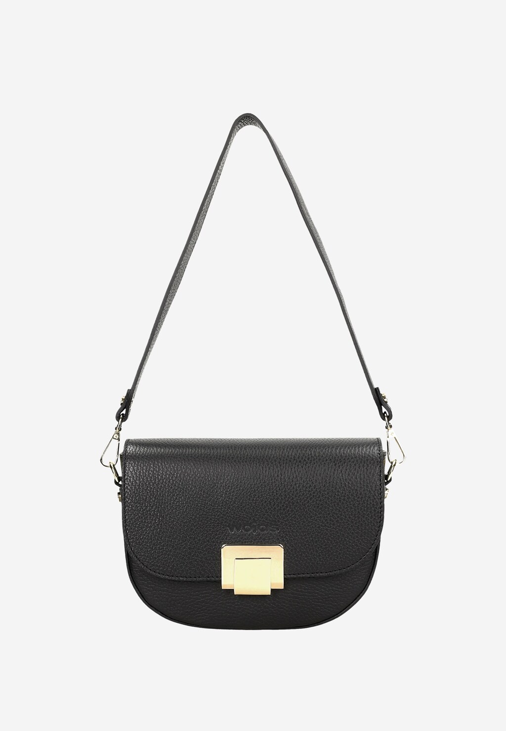 Elegancka czarna torebka damska Wojas model 80313-51 z charakterystycznym złotym zapięciem, pokazana z regulowanym paskiem na ramię.