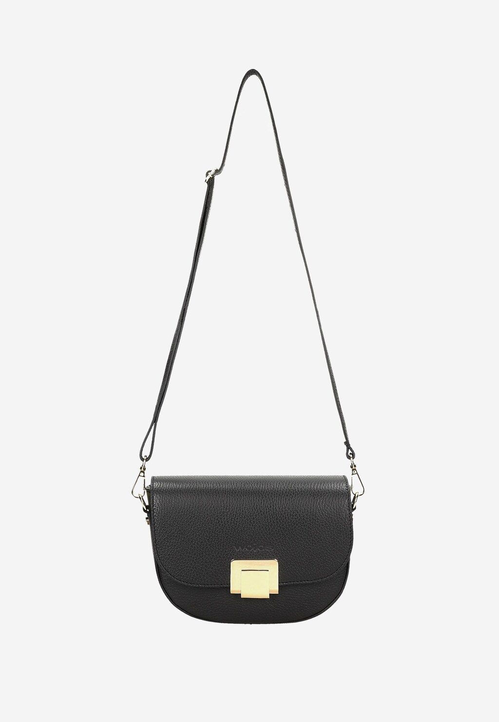 Elegancka czarna torebka Wojas 80313-51 z długim paskiem i charakterystycznym złotym zapięciem. Idealna na ramię, kompaktowa a jednocześnie stylowa.