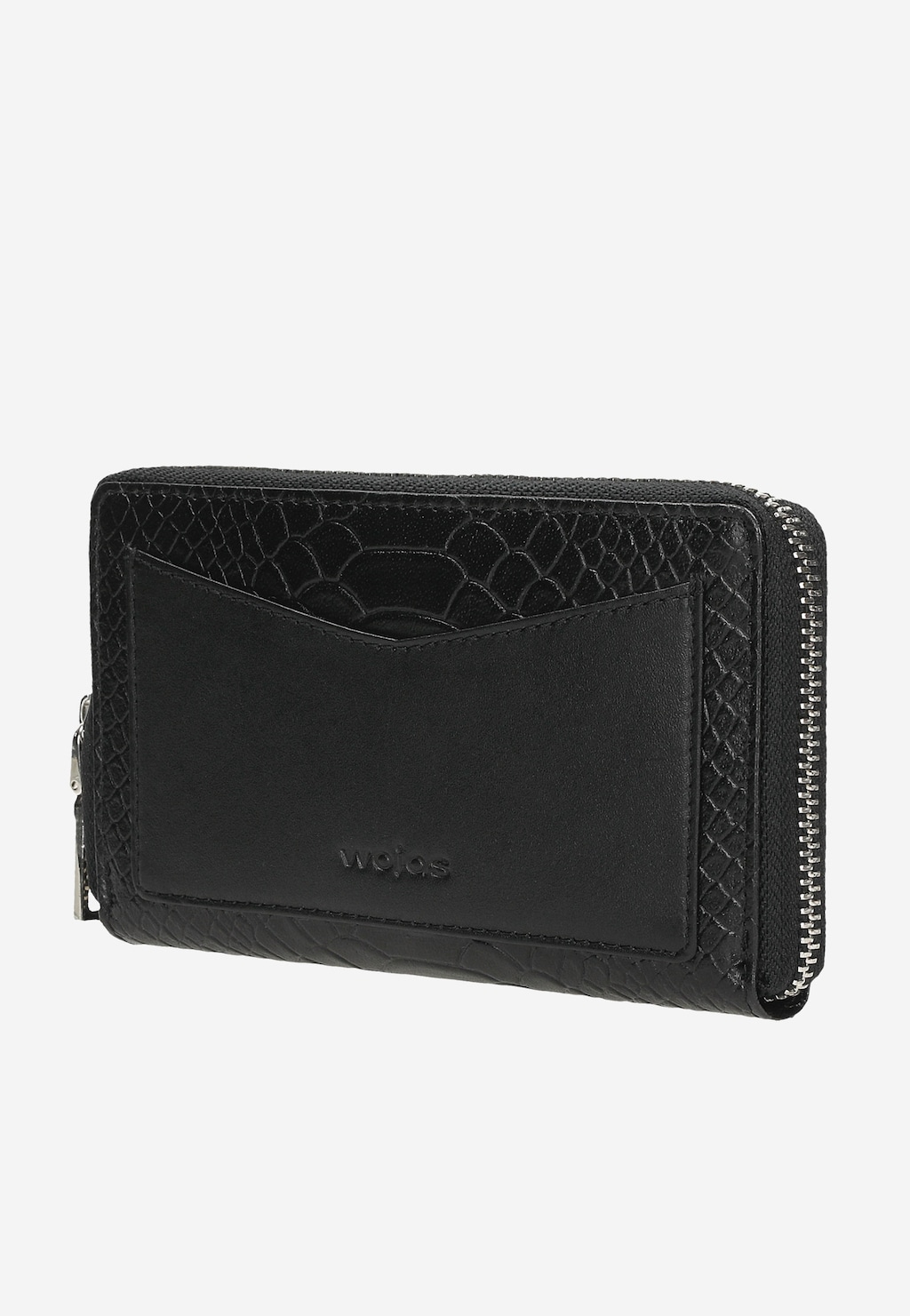 Czarny portfel damski Wojas model 91065-51 z tłoczonej skóry licowej, ozdobiony motywem krokodylej skóry, z zamkiem błyskawicznym i widocznym logo marki.